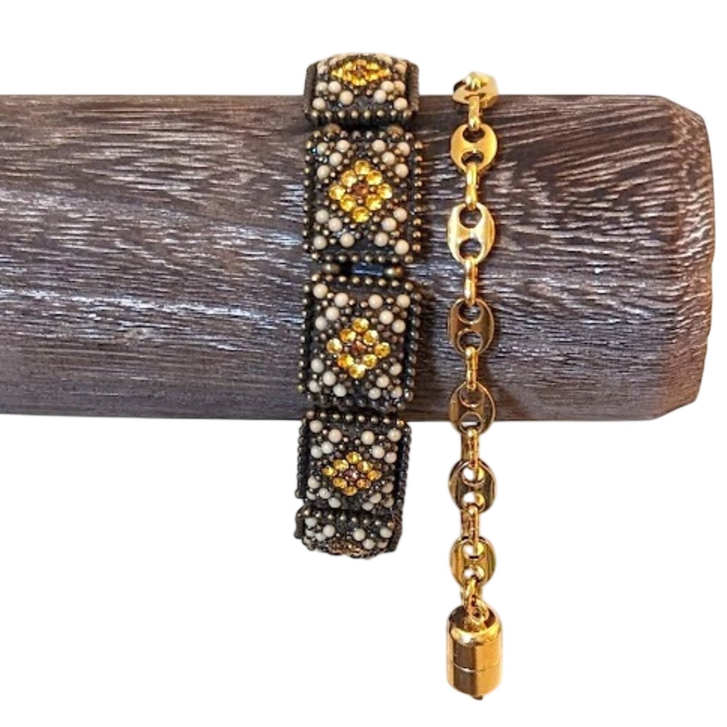 Bronze Rhinestone Beaded Stretch and Gold Tone Magnet Closure Chain Bracelets