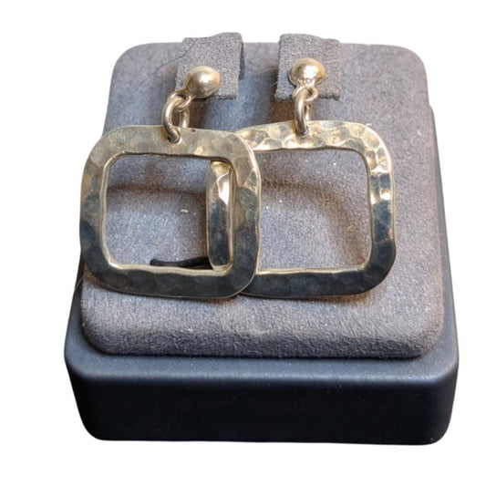 Vintage 925 Sterling Silver Ball Post Hammered Rectangle Drop Earrings