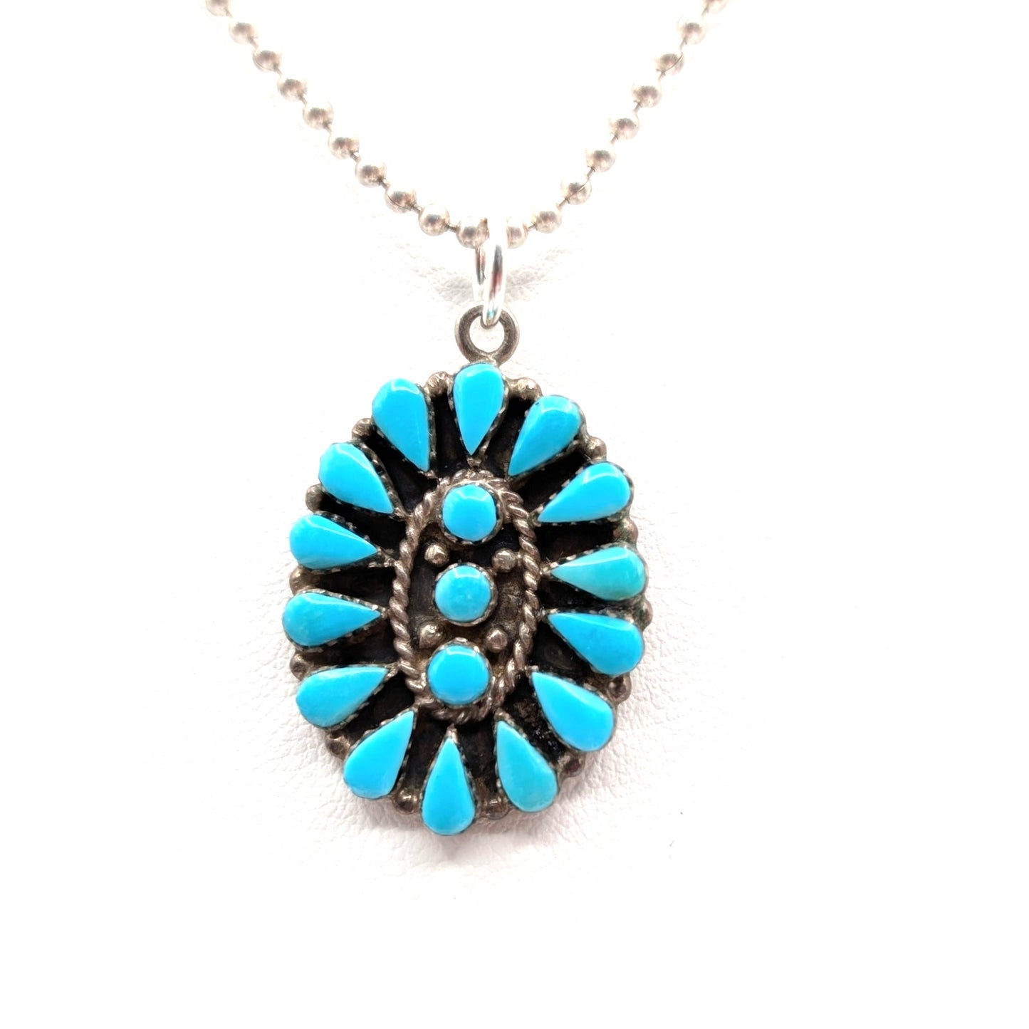 Vtg Zuni Turquoise Needlepoint Petit Point Sterling Pendant Ball Chain Necklace