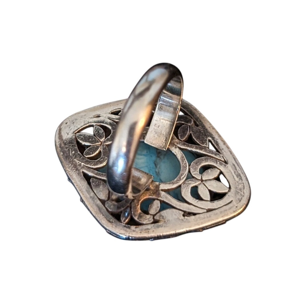 Large Turquoise Filigree Marked 925 Sterling Ring Size 8.5