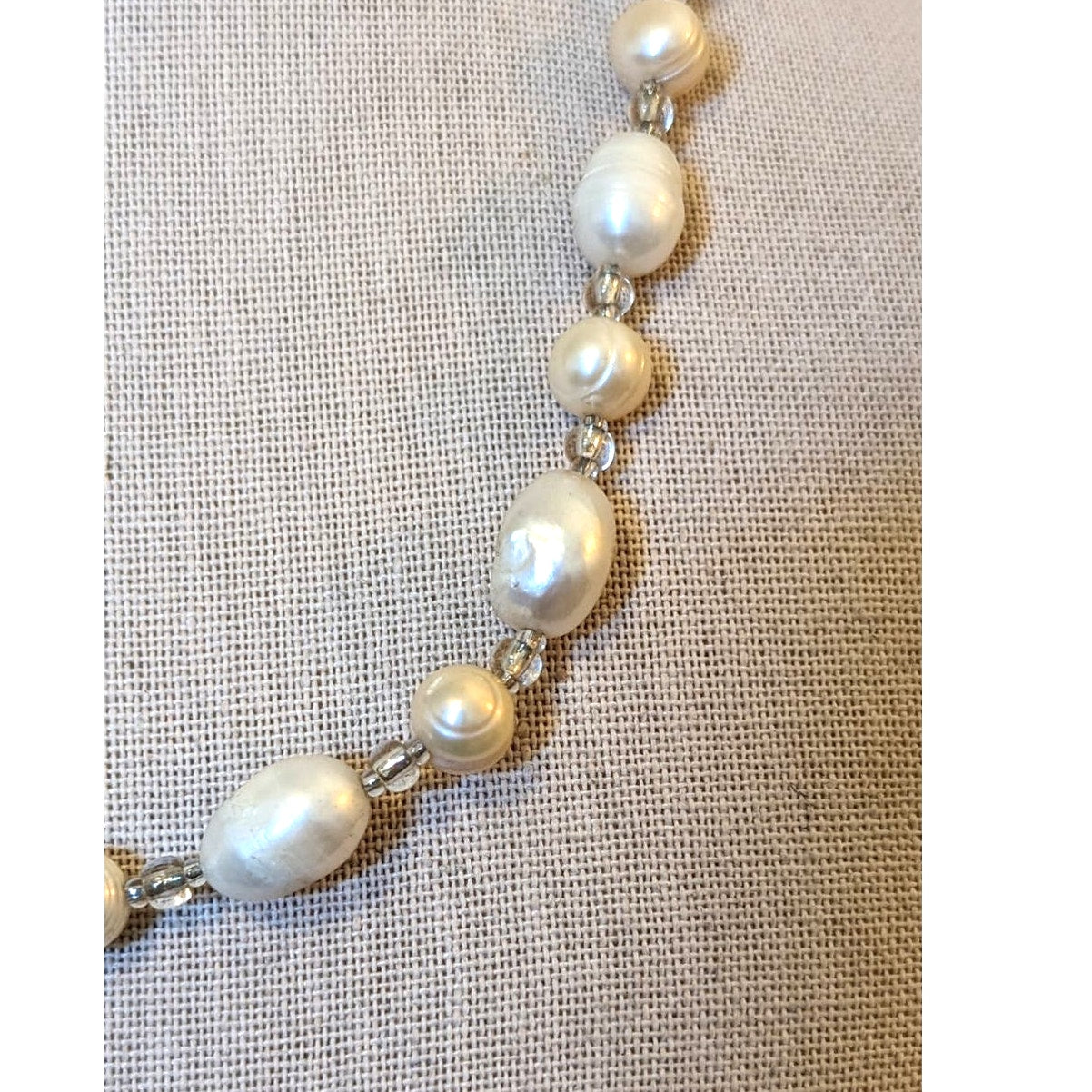 Freshwater Baroque Pearl Necklace W/ Clear Glass Bead Barrel Clasp 19" Necklace