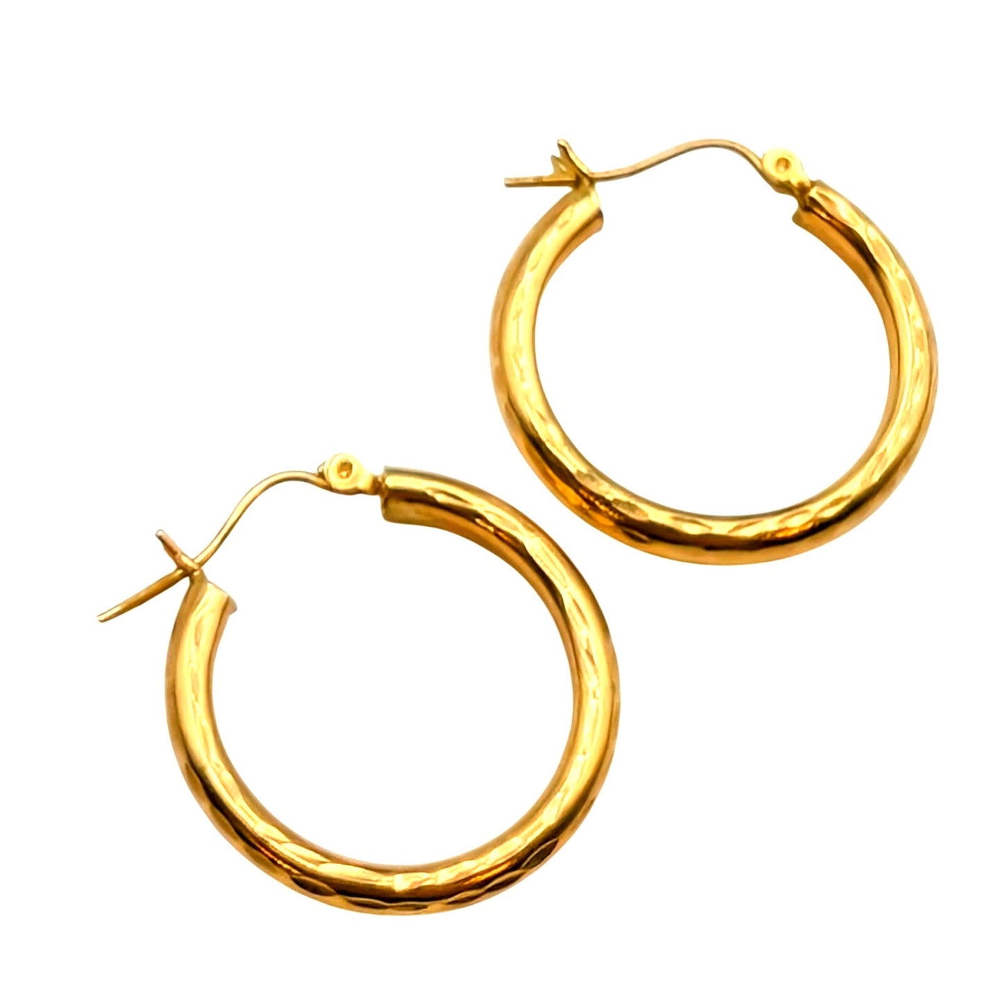 VTG 14K Polished Gold 22mm x 3mm Etched Design Everyday Hoop Earrings 1.51g