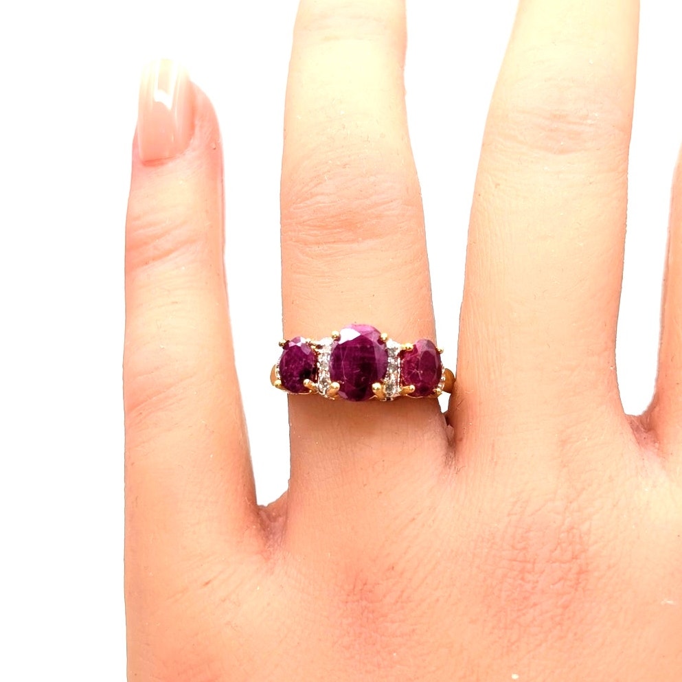 925 Vermeil (Yellow) Three Ruby & Diamond Ring Size 7