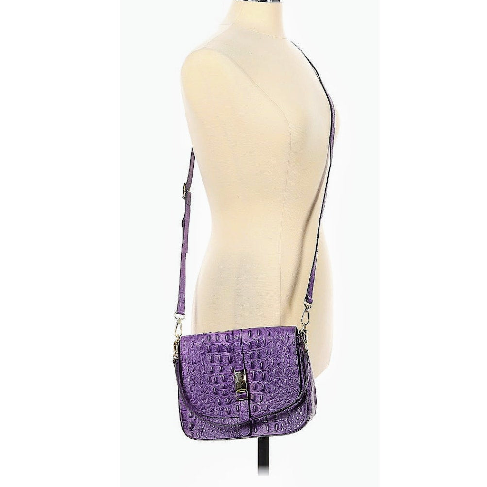 Firenze Italy Purple Leather Croc Embossed Long Strap/Short Strap Shoulder Bag