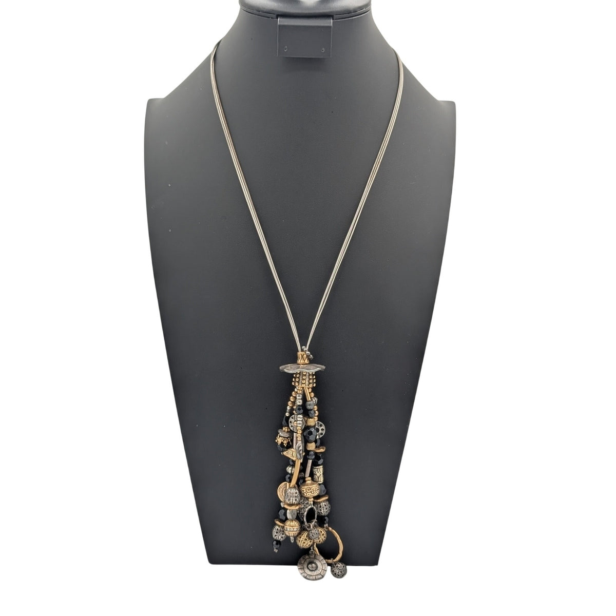 Industrial Three Cable Multi-Beaded Gold Silver Multi-Strand Tassel 24" Necklace