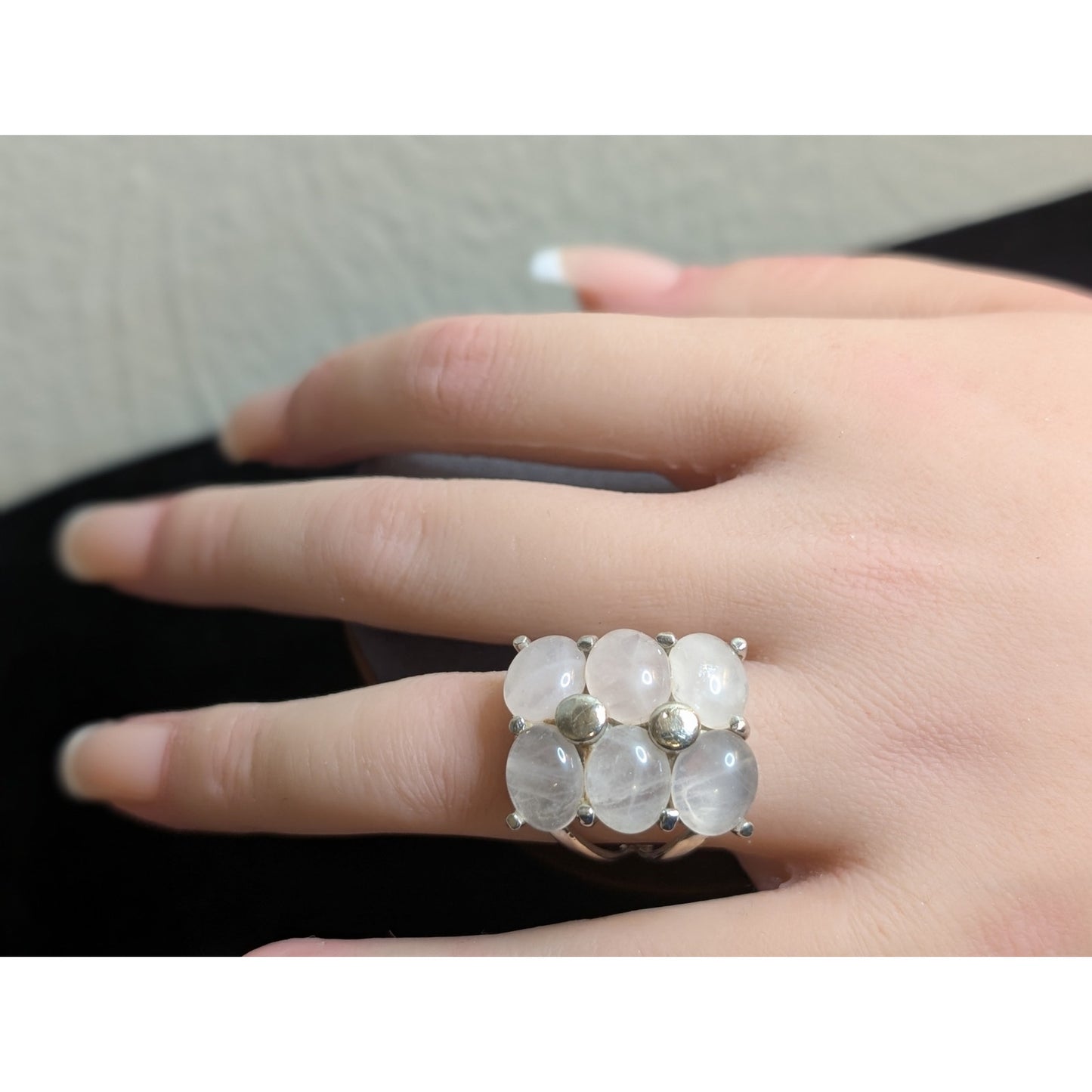 Large Six Quartz Stone 925 Sterling Silver Split Shank Ring Size 7.5