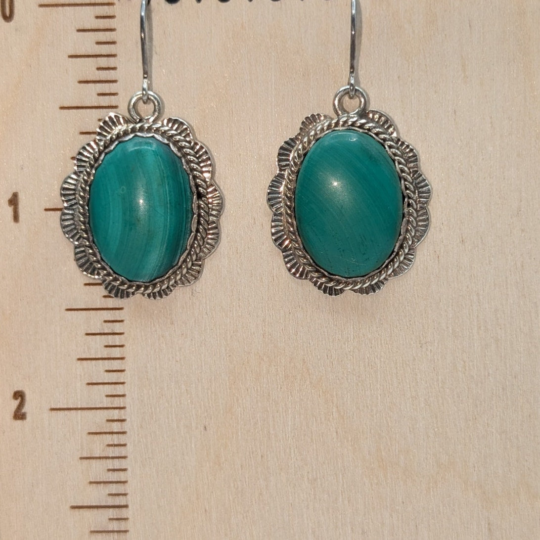 Vintage 925 Sterling Silver Green Malachite Stone Dangle Earrings