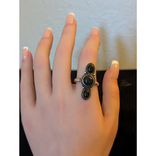 Vintage Signed Navajo 925 Sterling Silver Three Black Onyx Stone Ring Size 9.25