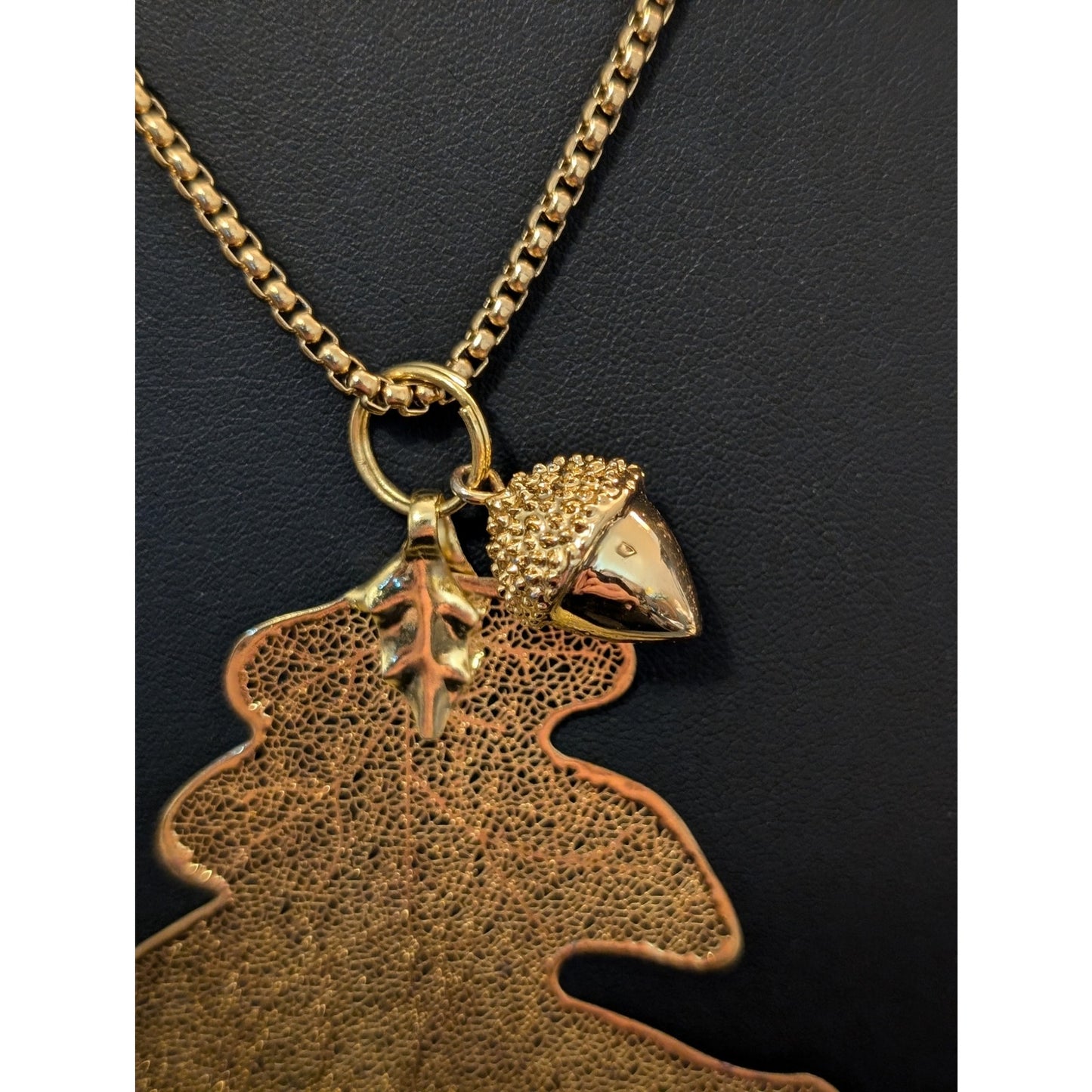 Gold Tone Genuine Leaf Pendant W/ Acorn Charm on Sturdy 22" Gold Tone Chain