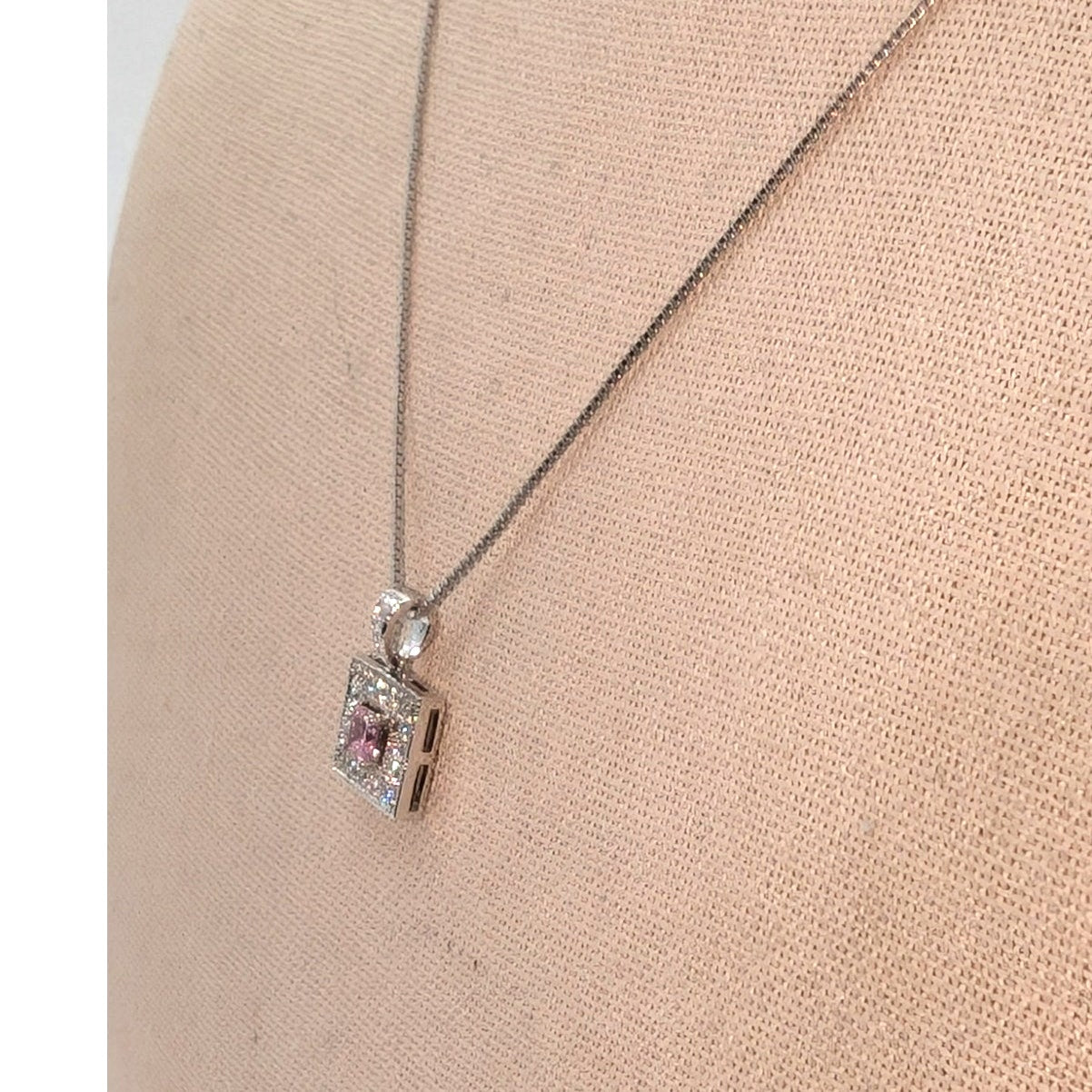 925 Sterling Silver Pink Square Crystal CZ Surround Square Pendant 18" Necklace