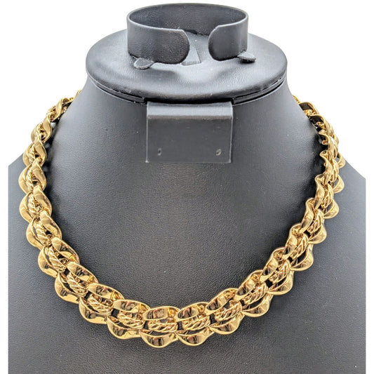 Vintage Signed Trifari Polished Curved Joined By Textured Link Chain Necklace