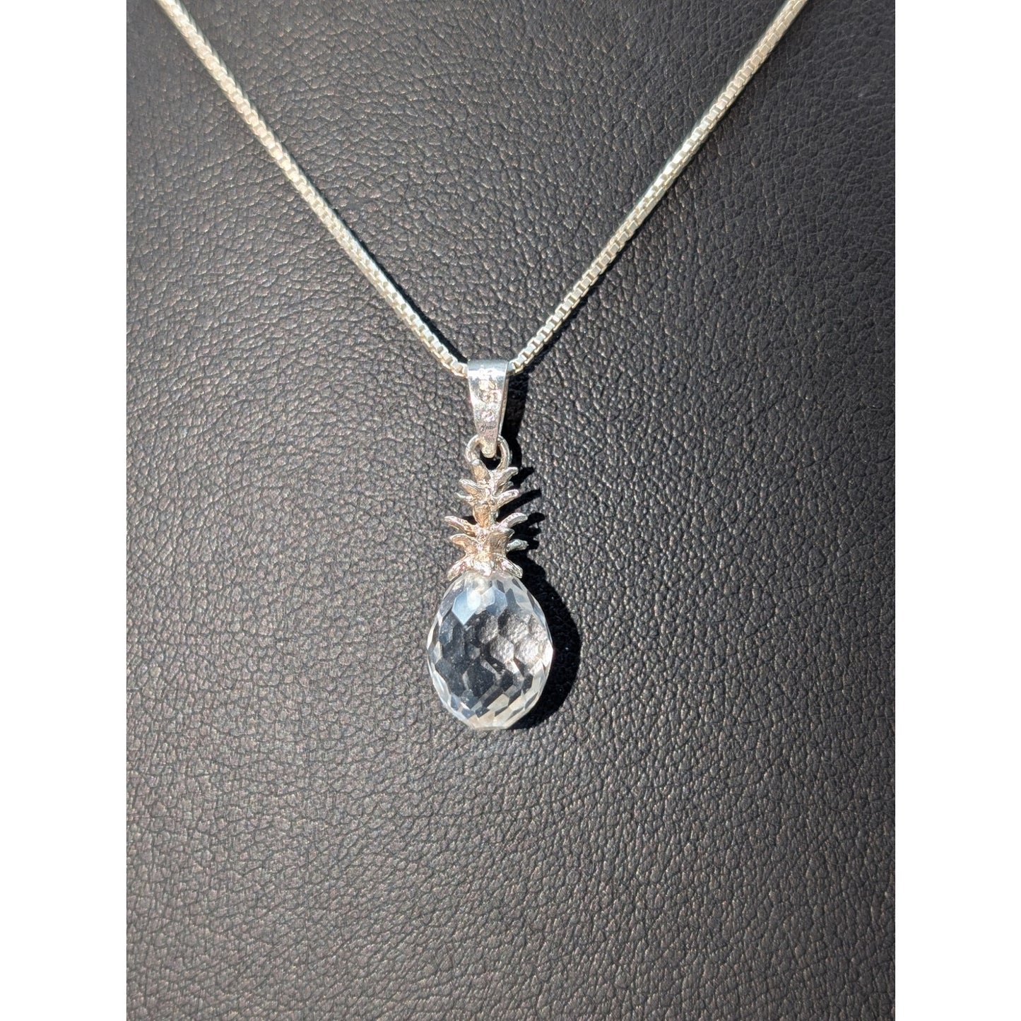 925 Sterling Silver Crystal Briolette Pineapple Pendant 16" Chain Necklace