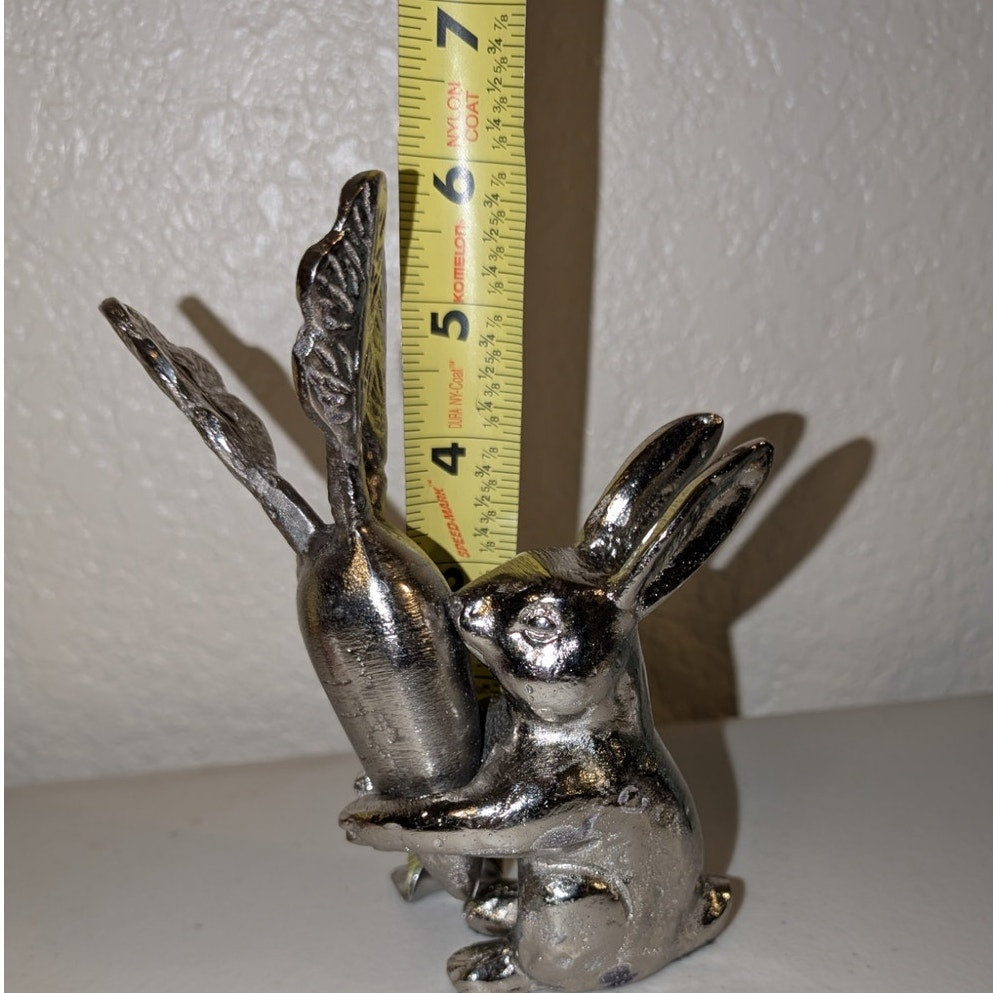 Silver Tone Solid Rabbit Hugging Carrot Figurine 6"