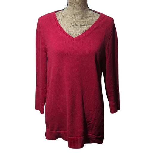 TALBOTS Red Pima Cotton Double V Tie Back Sweater Pullover Long Top Womens Sz M