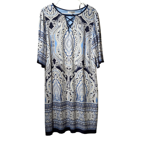 Sandra Darren Navy White Textured Mandala Shift Stretch Dress Womens' Sz 2X