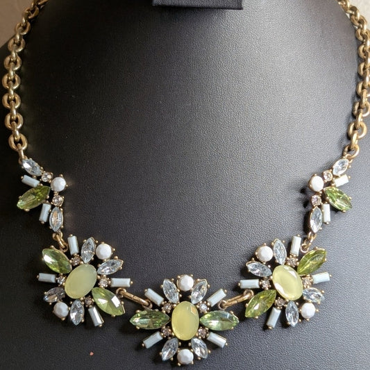 Loft Green Yellow White Rhinestone Floral Gold Tone Chain Bib Statement Necklace