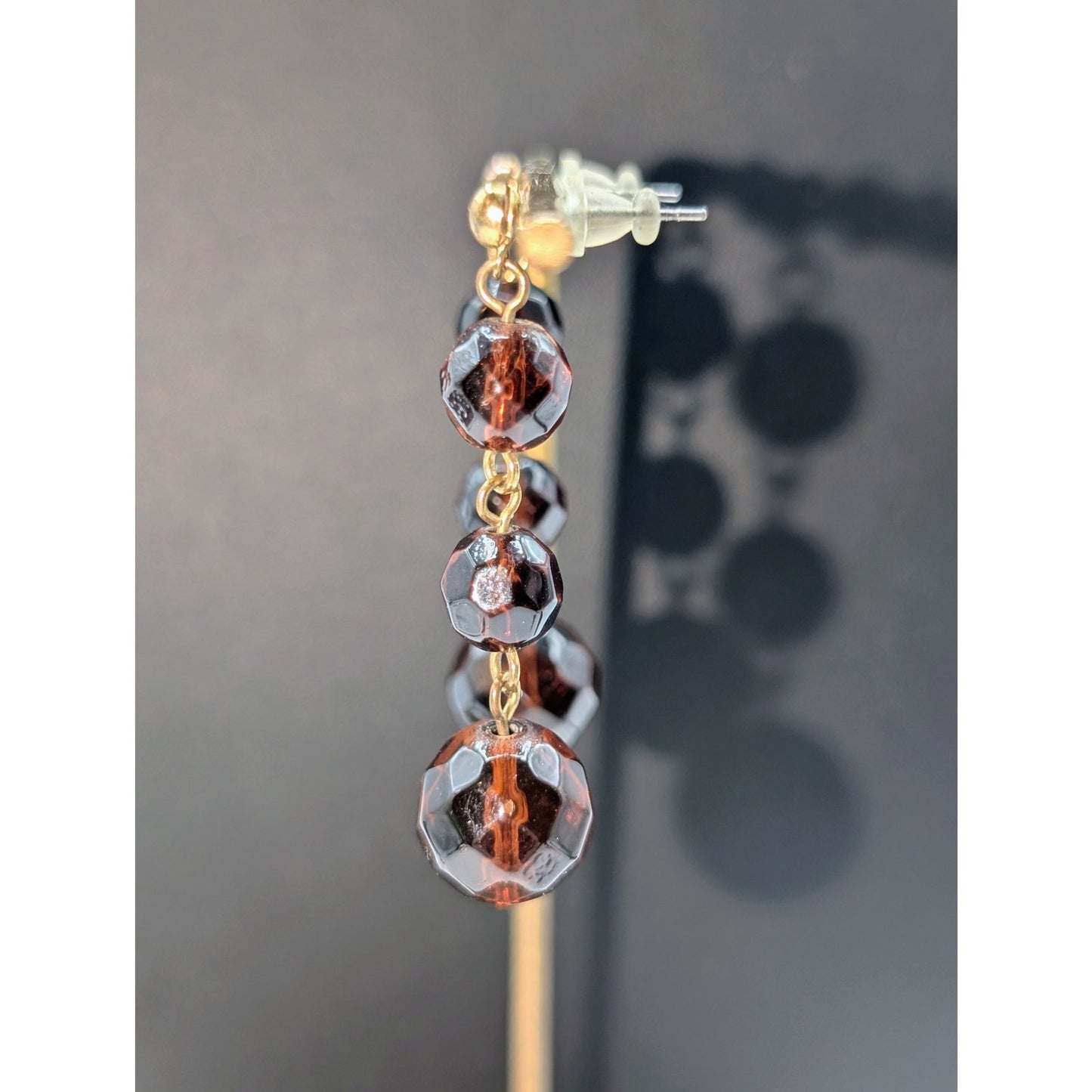 Vintage Gold Tone Faceted Three Brown Glass Bead Dangle Earrings