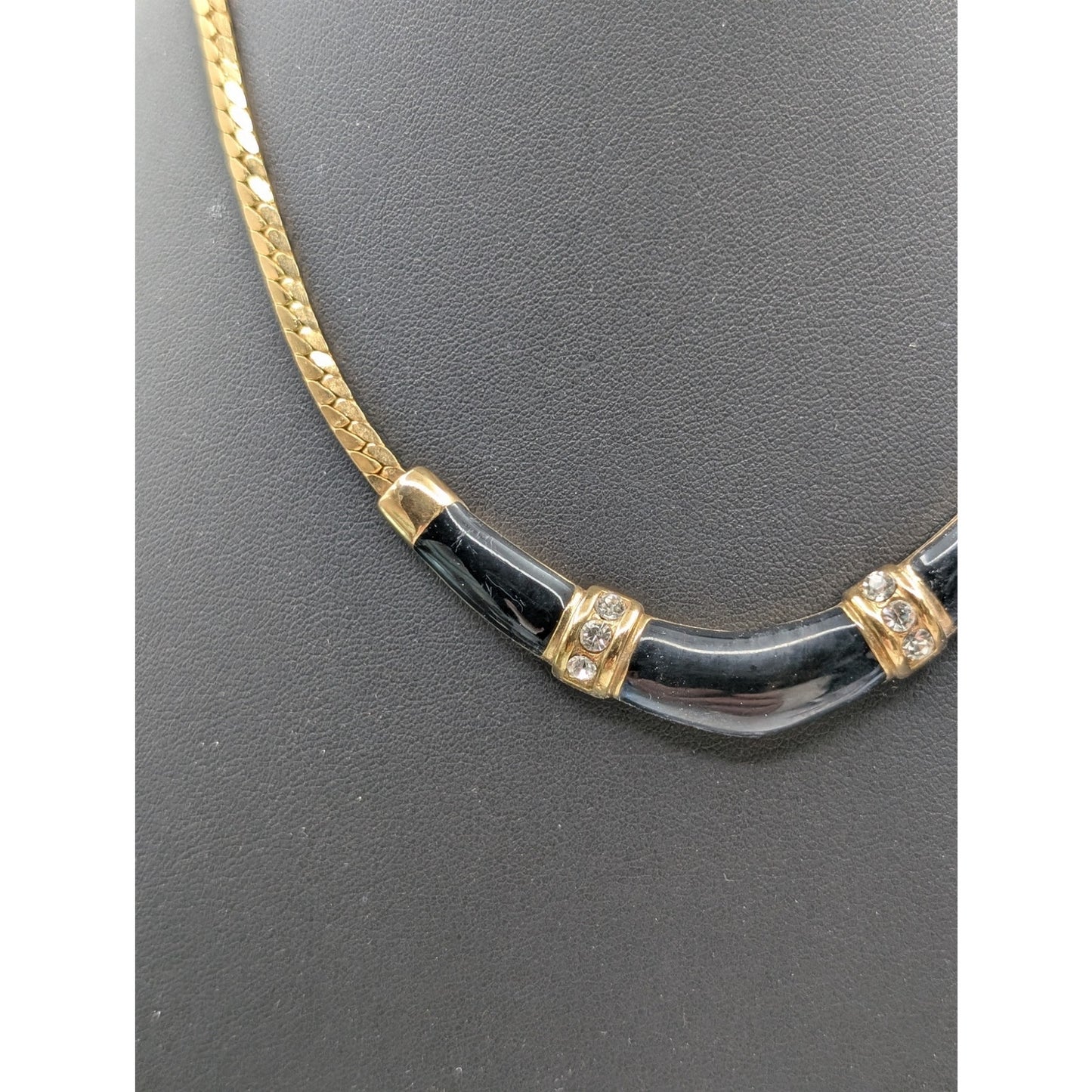 Vintage 1990s Black Enamel Clear Rhinestone Boomerang Gold Tone Classic Necklace