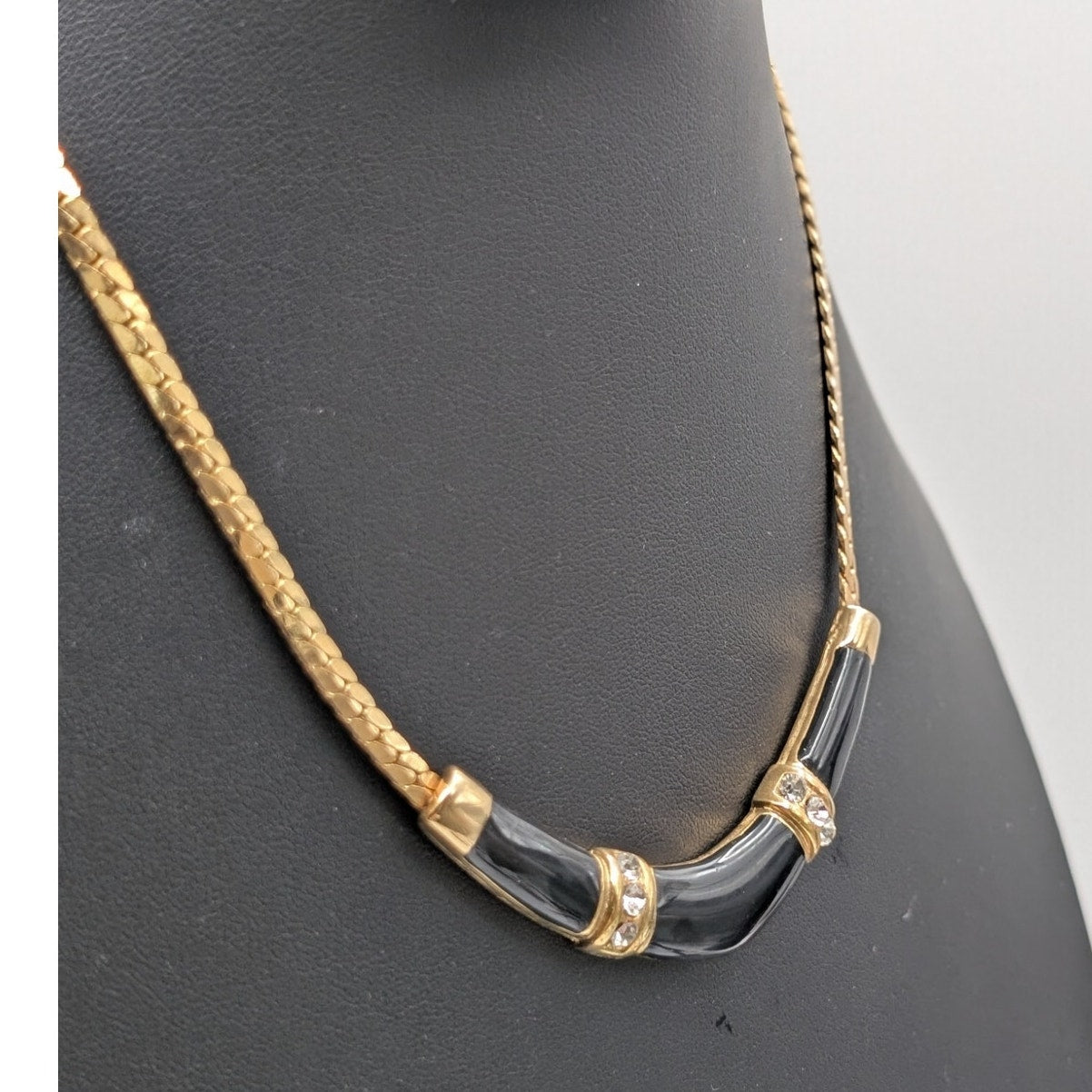 Vintage 1990s Black Enamel Clear Rhinestone Boomerang Gold Tone Classic Necklace