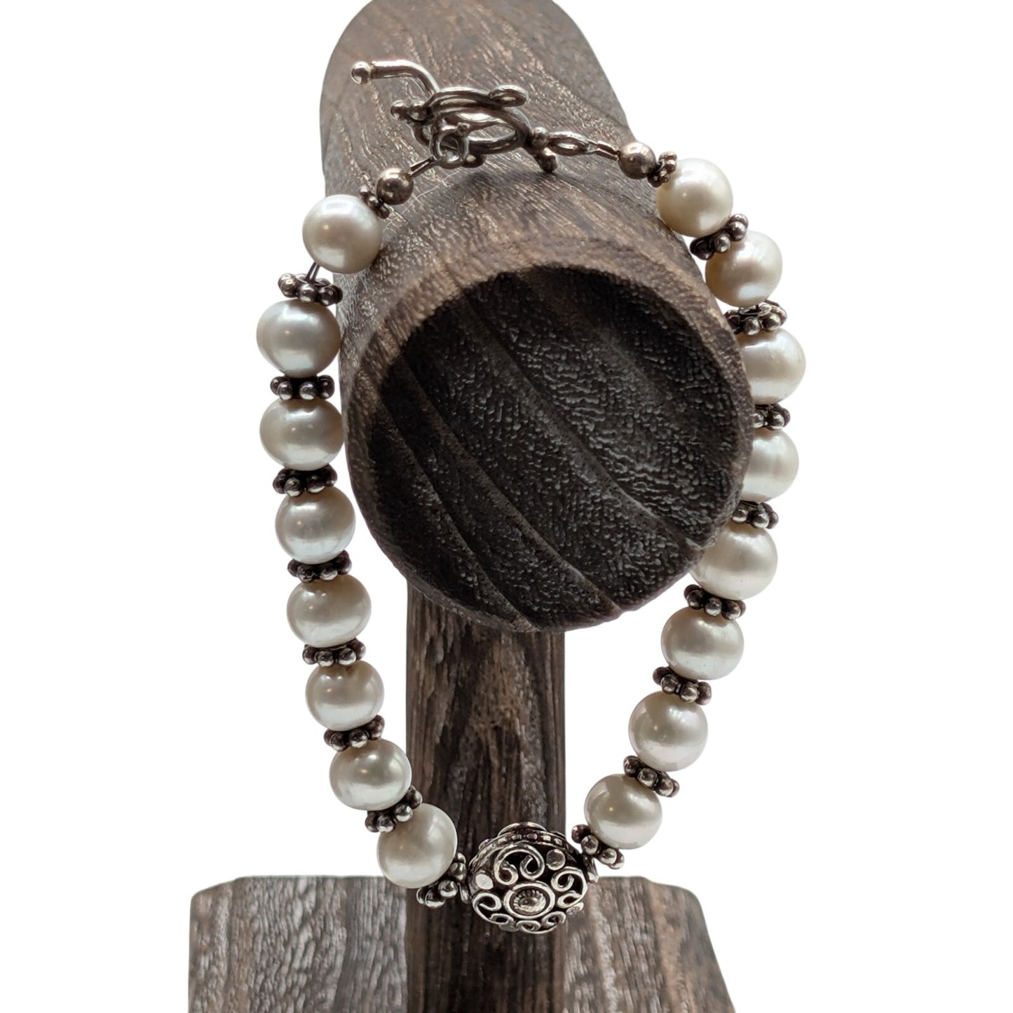 Genuine Freshwater Pearl 925 Sterling Silver Fancy Toggle Clasp Bracelet