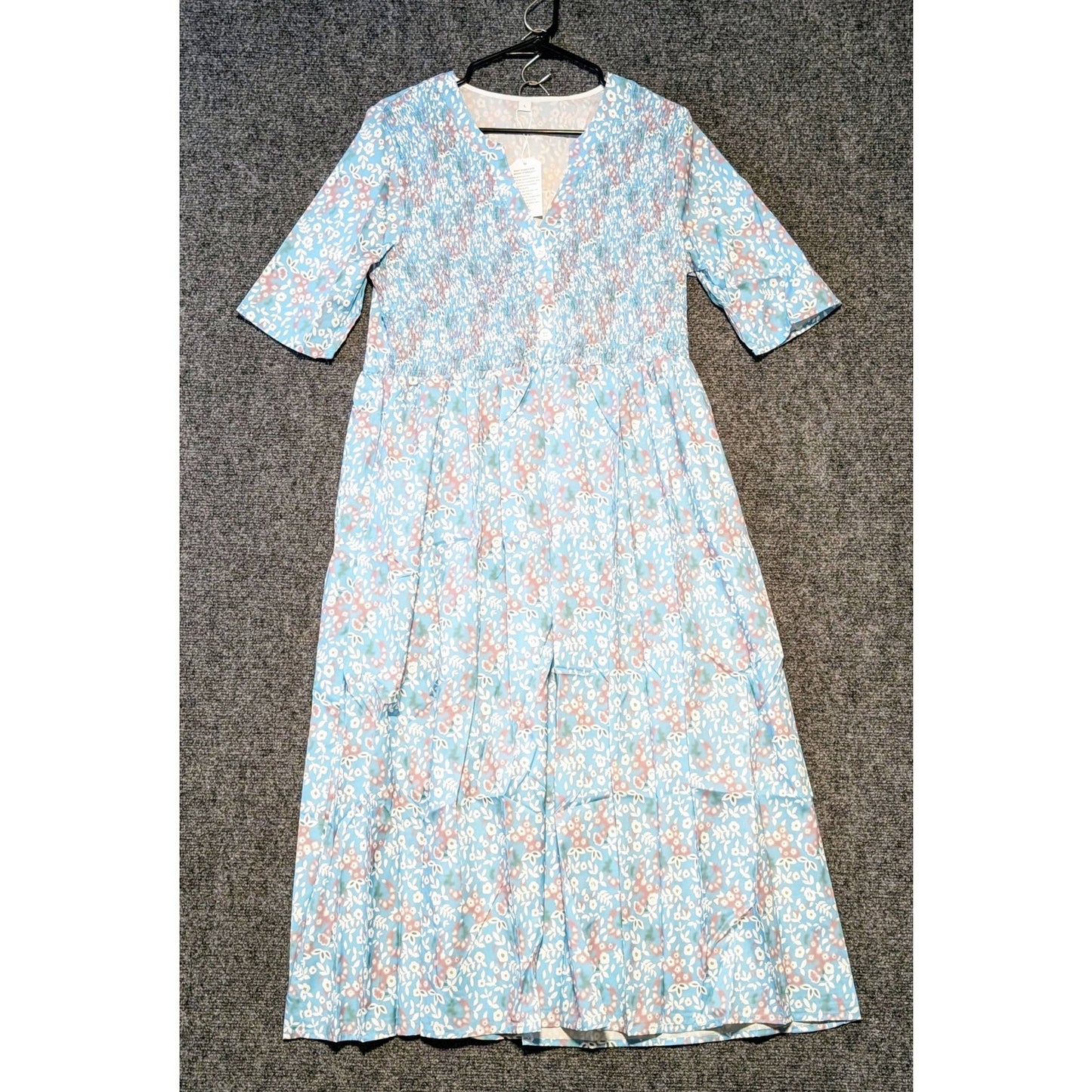 Made With Love Blue Lavender Floral Smock Bodice Short Sleeve NWT Dress Sz L