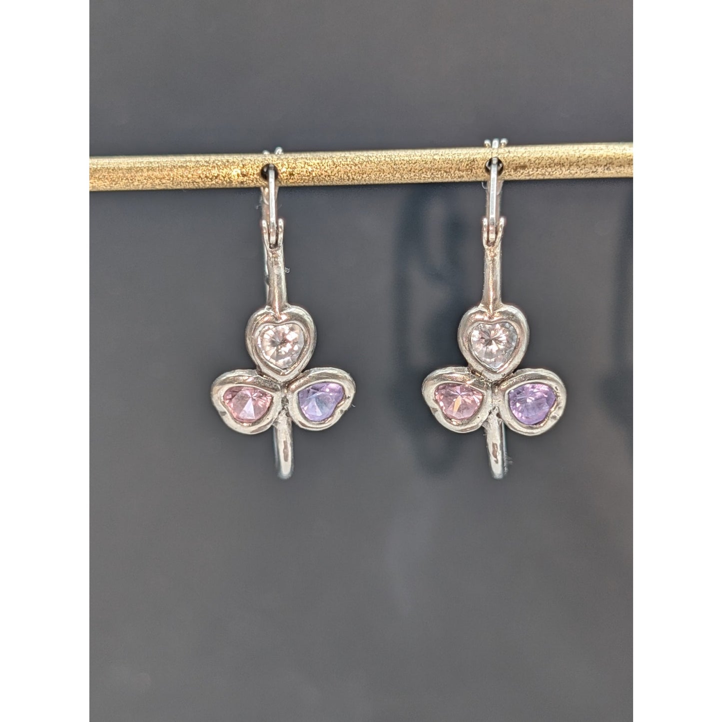 Vtg 925 Sterling Silver Lavender Pink Clear CZ Clover Design Hoop Earrings