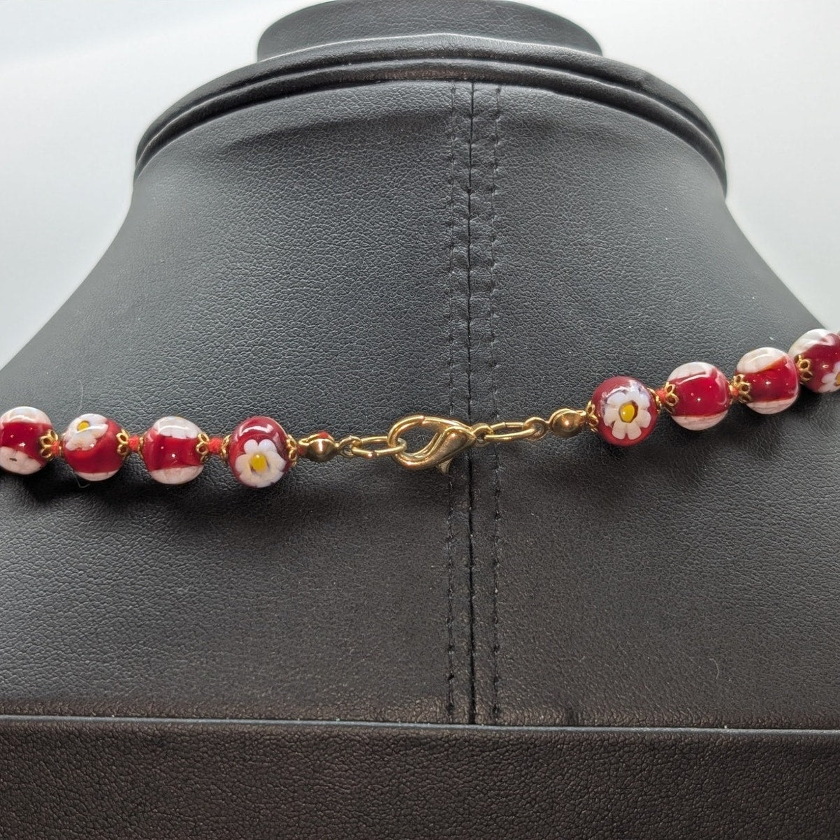 Antica Murrina Venezia Red Glass White Rose Millefiori Bead 16.5" Necklace