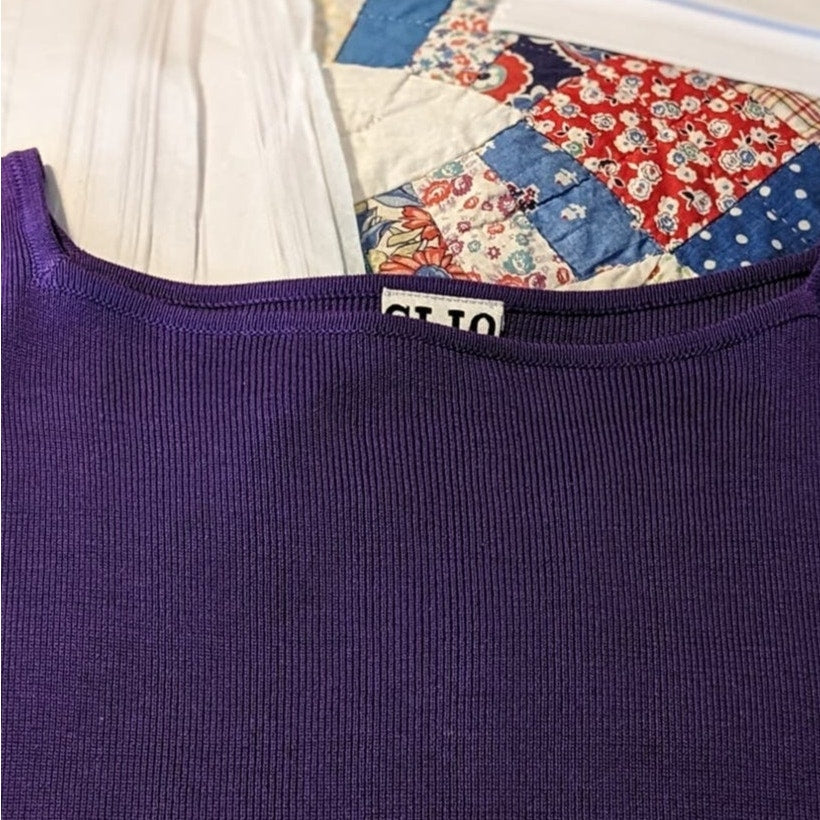 Vintage Clio Purple Silk Blend 3/4 Sleeve Beaded Fringe Sweater Womens Sz L