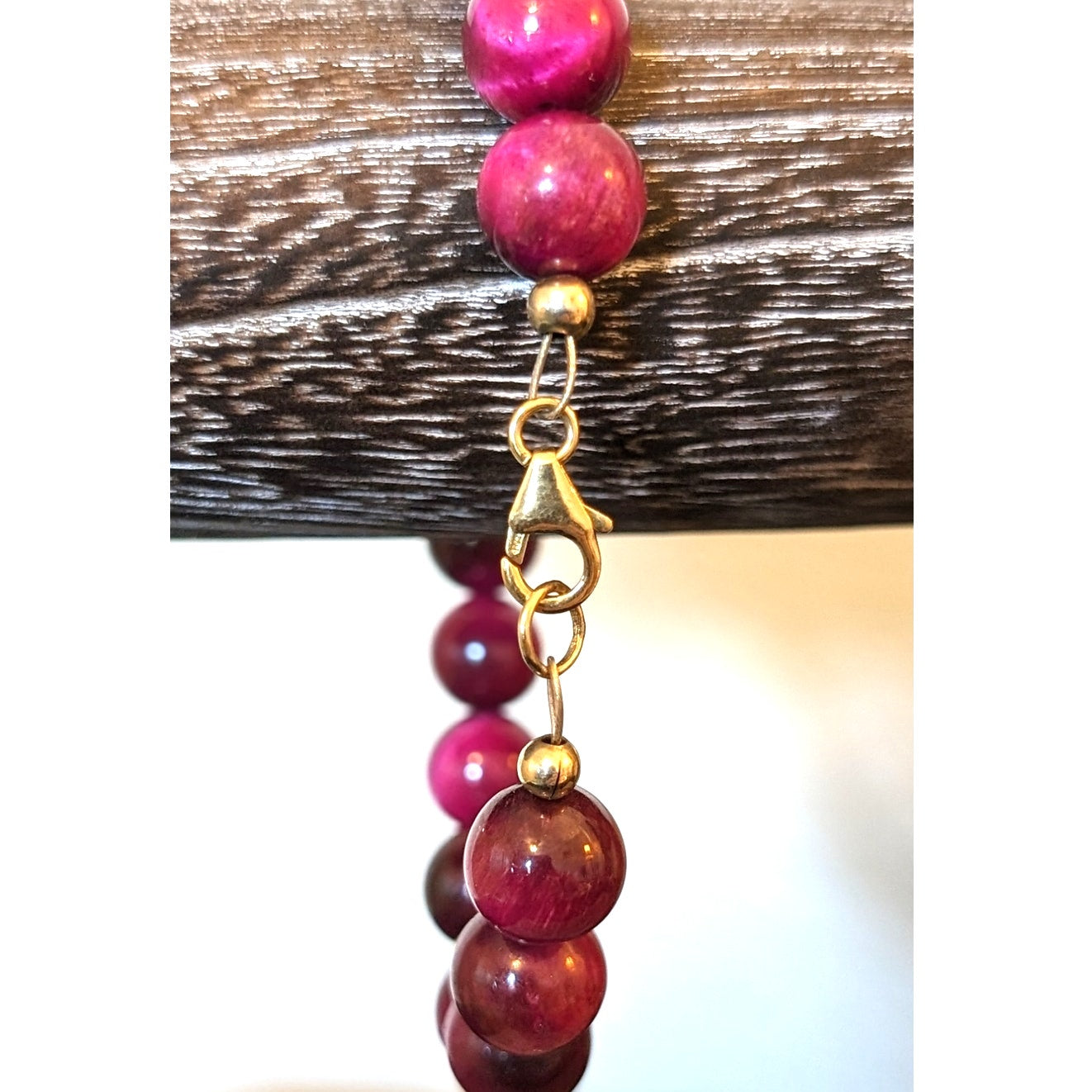 Magenta Fuschia Tiger Eye Agate Stone & Rhinestone Bead 14k Gold Filled Bracelet