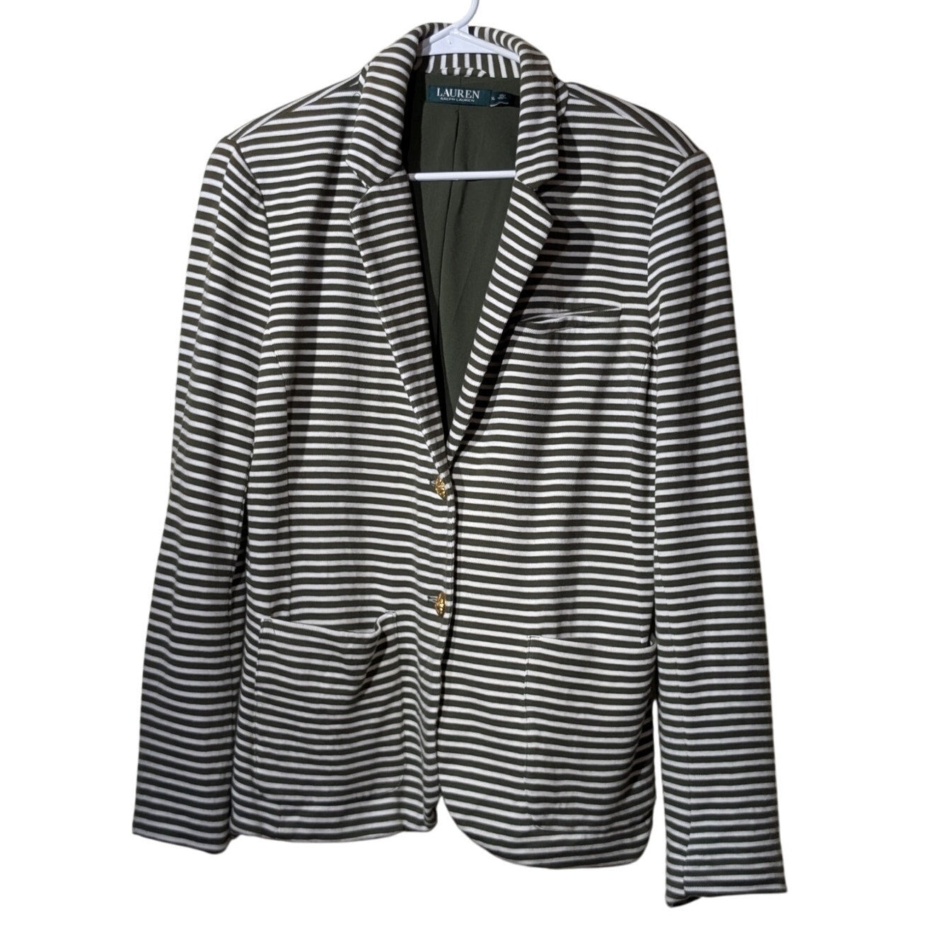 Lauren Ralph Lauren Olive Striped Pique Knit Gold Button Blazer Womens' Sz XL