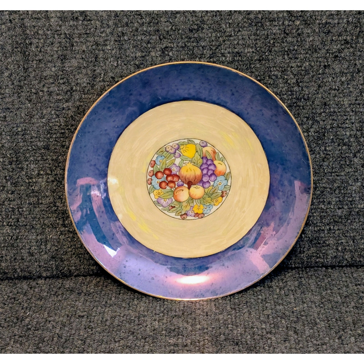Vintage Blue Lustre Rim Painted Fruit 8" Plate Signed JV Cook