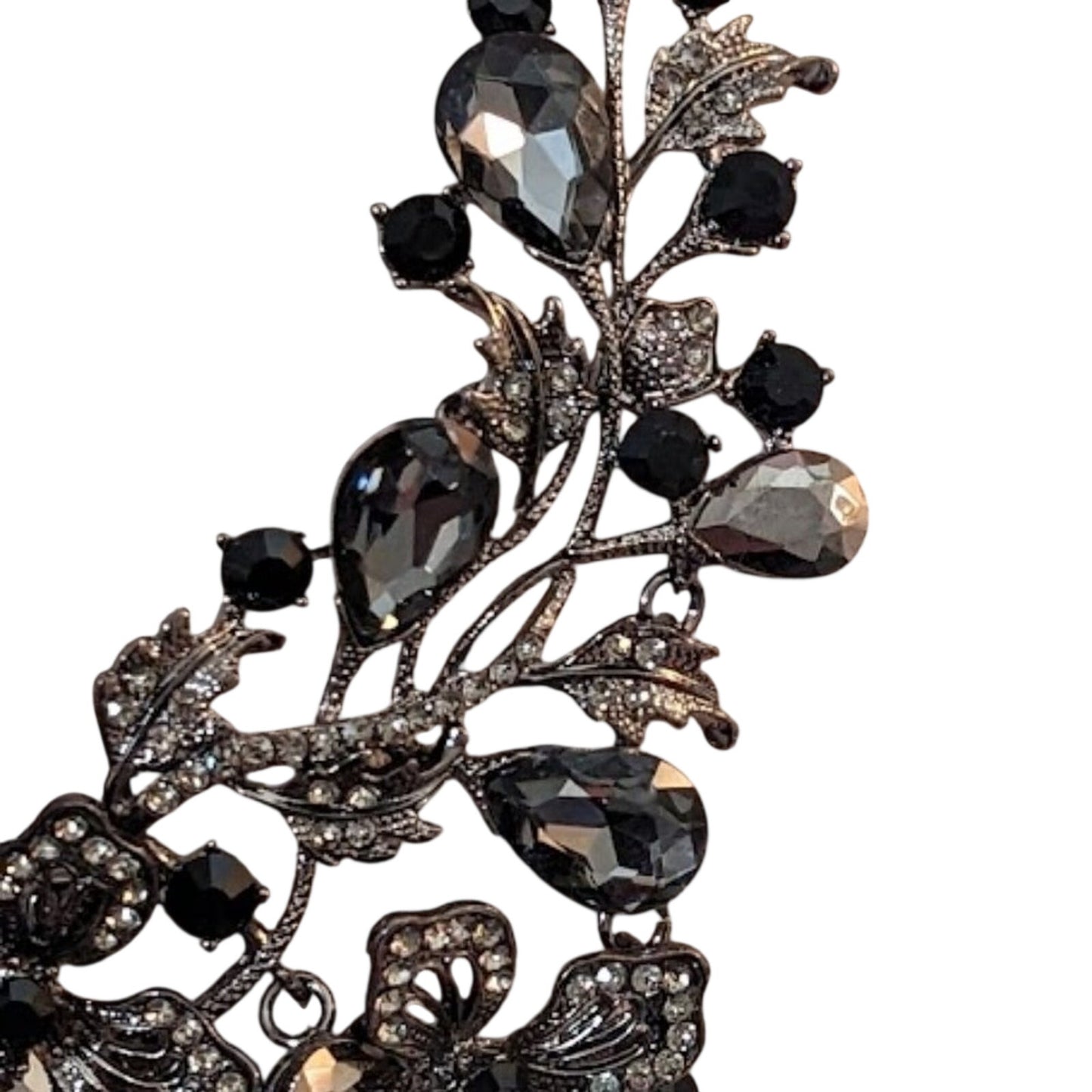 Natasha Flower Power Black Gray Metallic Stone Gun Metal Cascade Necklace