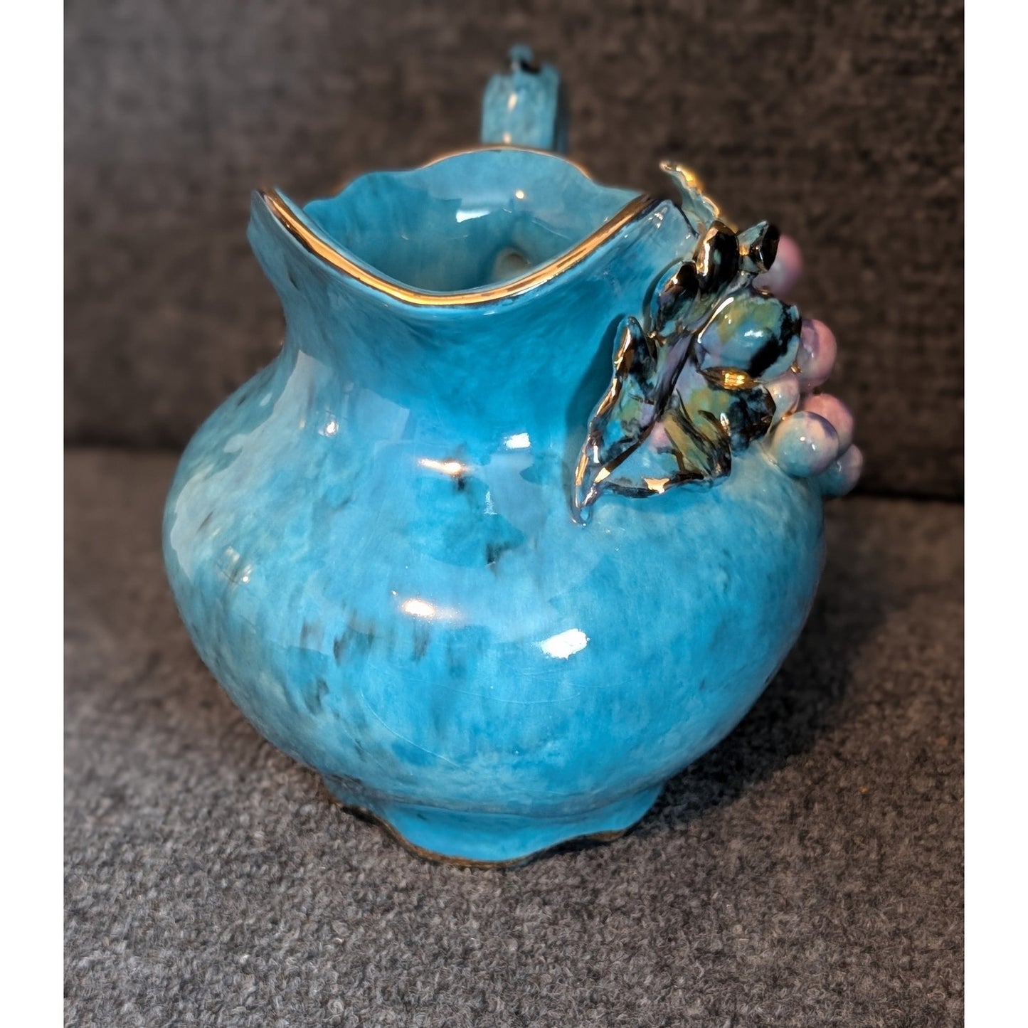 Vintage/Antique Blue Painted Gilt Edge 3D Grape Design Pitcher