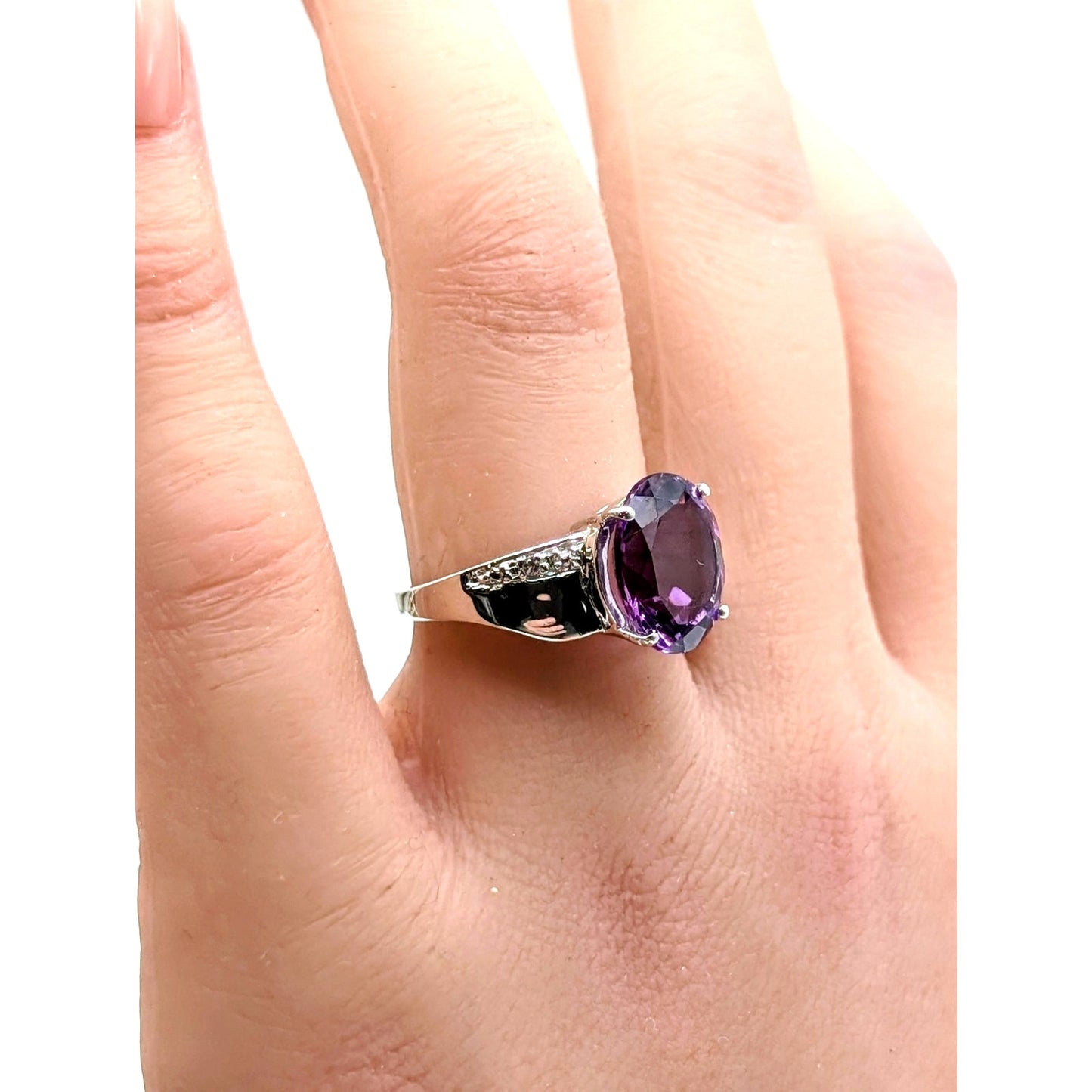 925 Sterling Silver Large Oval Amethyst & Diamond Ring Size 7