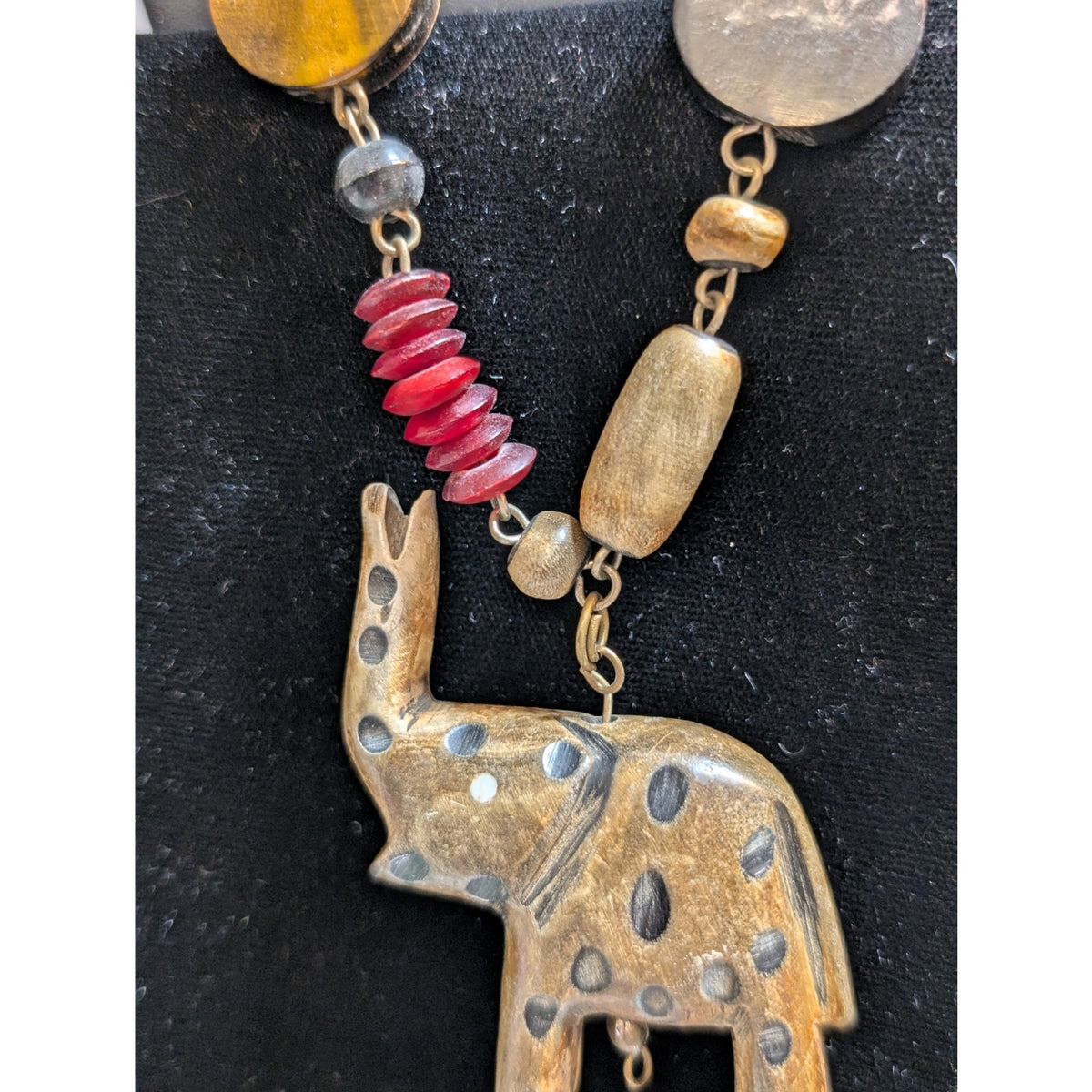 Vintage Tribal Carved Wood Elephant & Wood Bead 40" Necklace