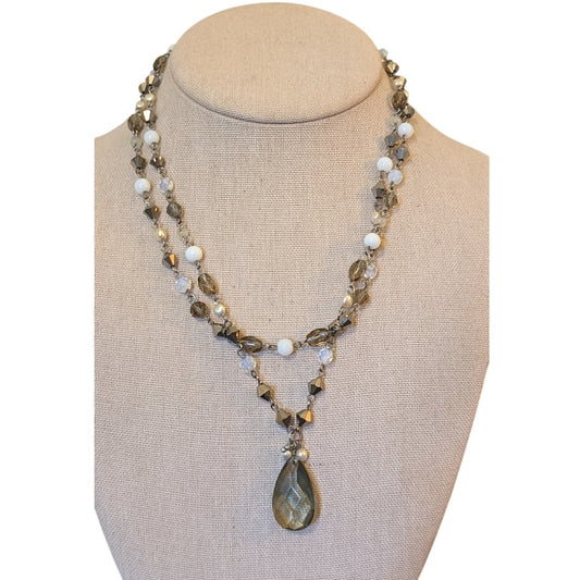 Double Strand Crystal Glass Beaded Faux Pearl Chain Necklace W/ Teardrop Pendant