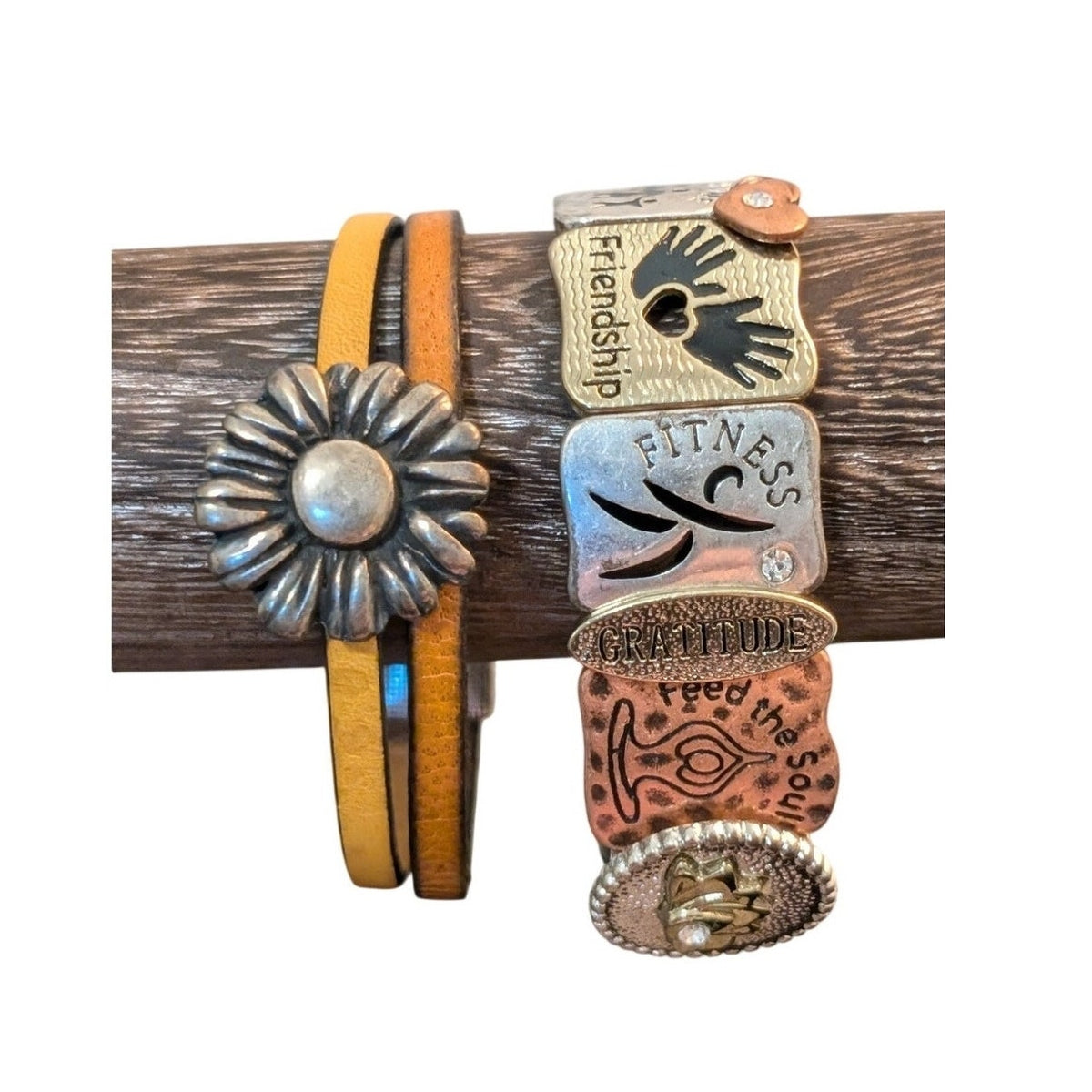 Wholeness Three Tone Bracelet & Leather Sunflower Bracelet Lot