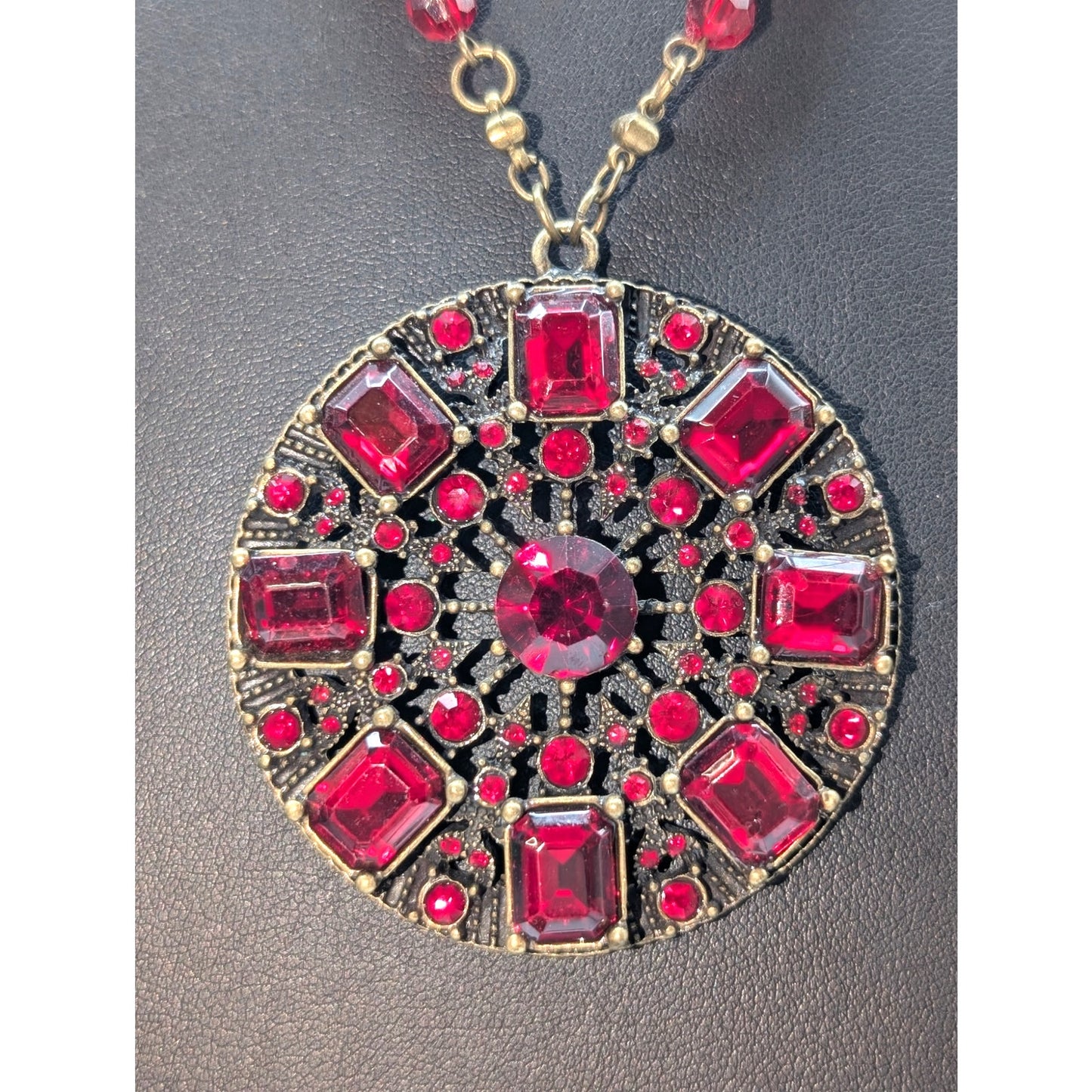 Antiqued Bronze Metal & Red Crystal Medallion Pendant Chain 16.5"-19" Necklace