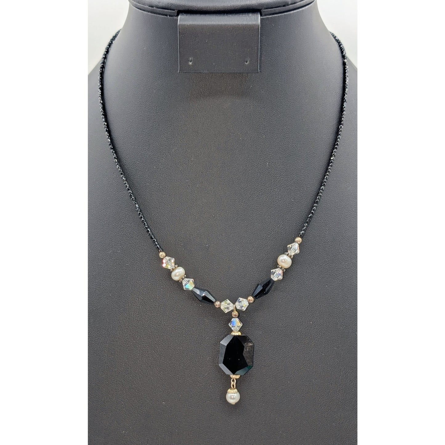 Black Glass Seed Beads & Pendant Bicone Clear & Black Crystal & Pearl Necklace