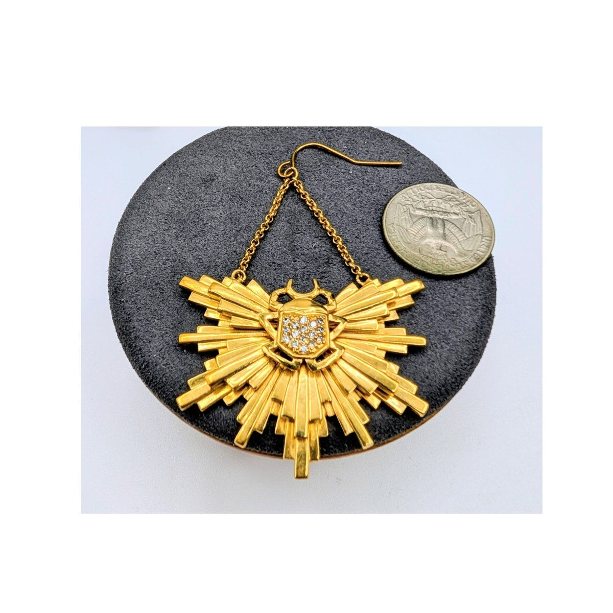 Large SINGLE Gold Tone CZ Scarab Sunburst Dangle Earring