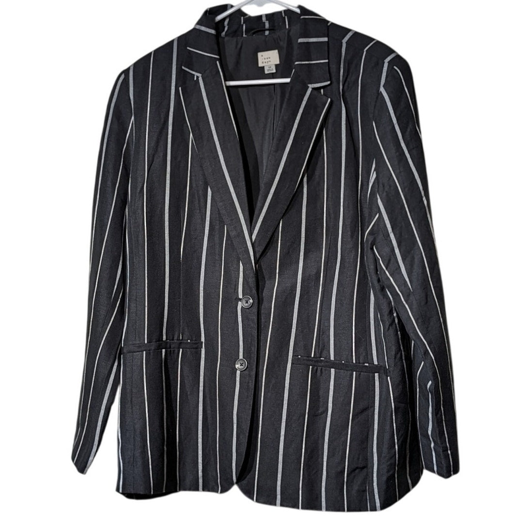A New Day Black Stripe Linen Blend Washable Two Button Blazer Womens Sz 18