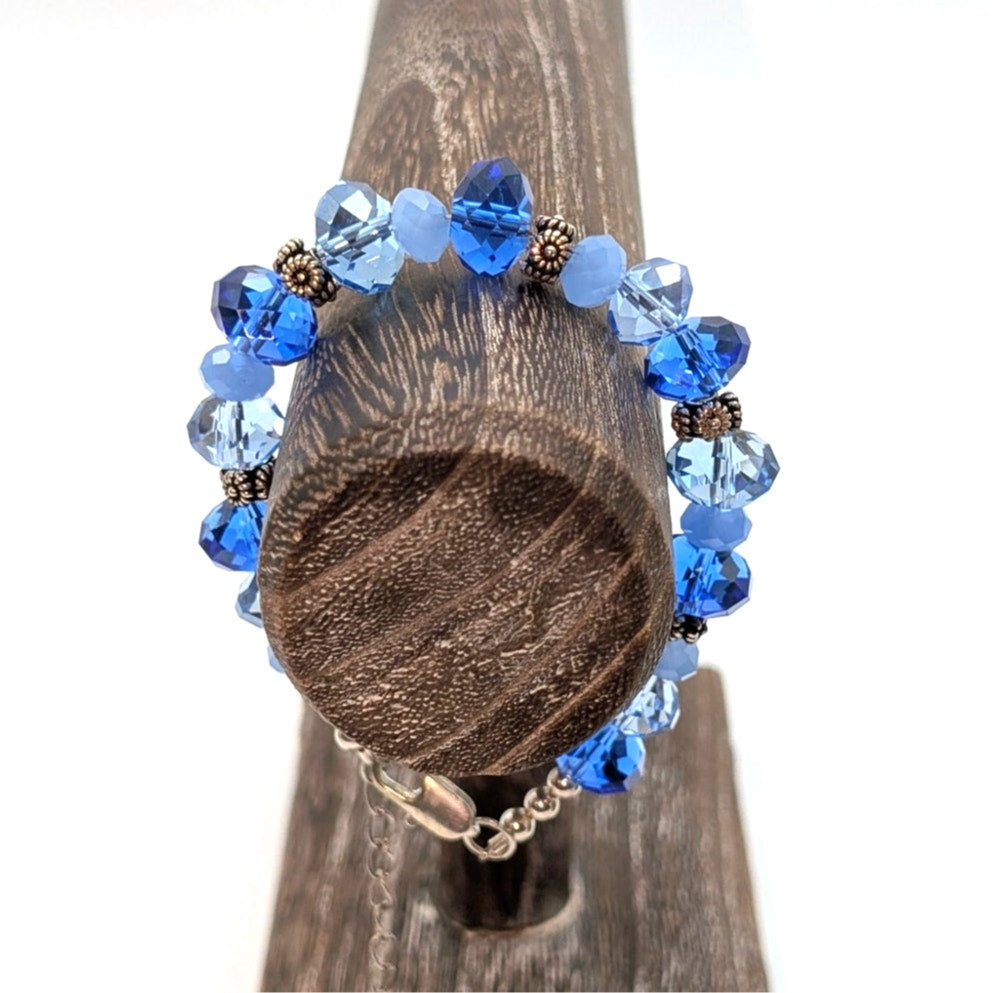 Shades of Blue Faceted Crystal Silver Tone Floral Beaded Bracelet