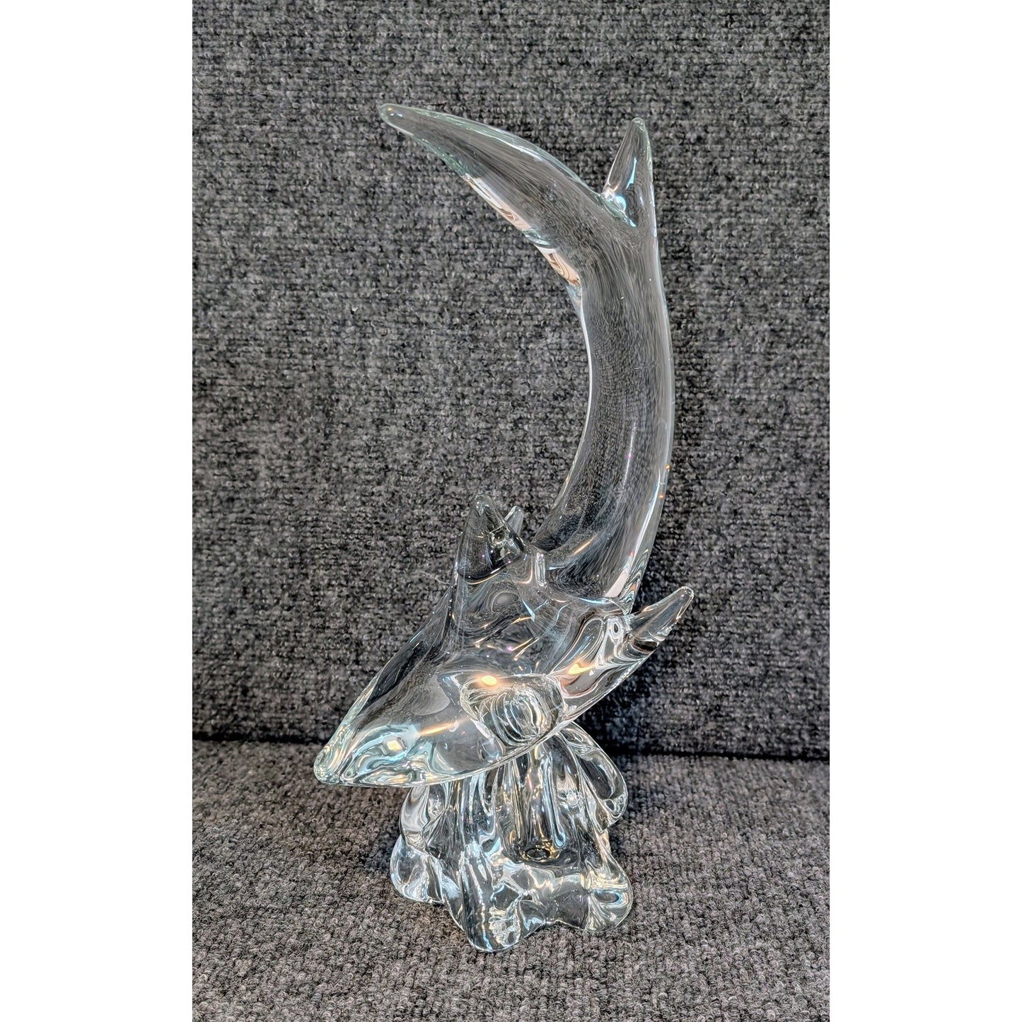 Estate Sale Mid-Century Murano Large Clear Art Glass Shark on Wave Figurine 13"