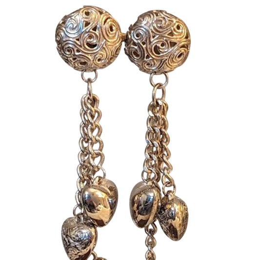 Vintage Filigree Button Dangling Hearts Post Earrings in Silver Tone Metal