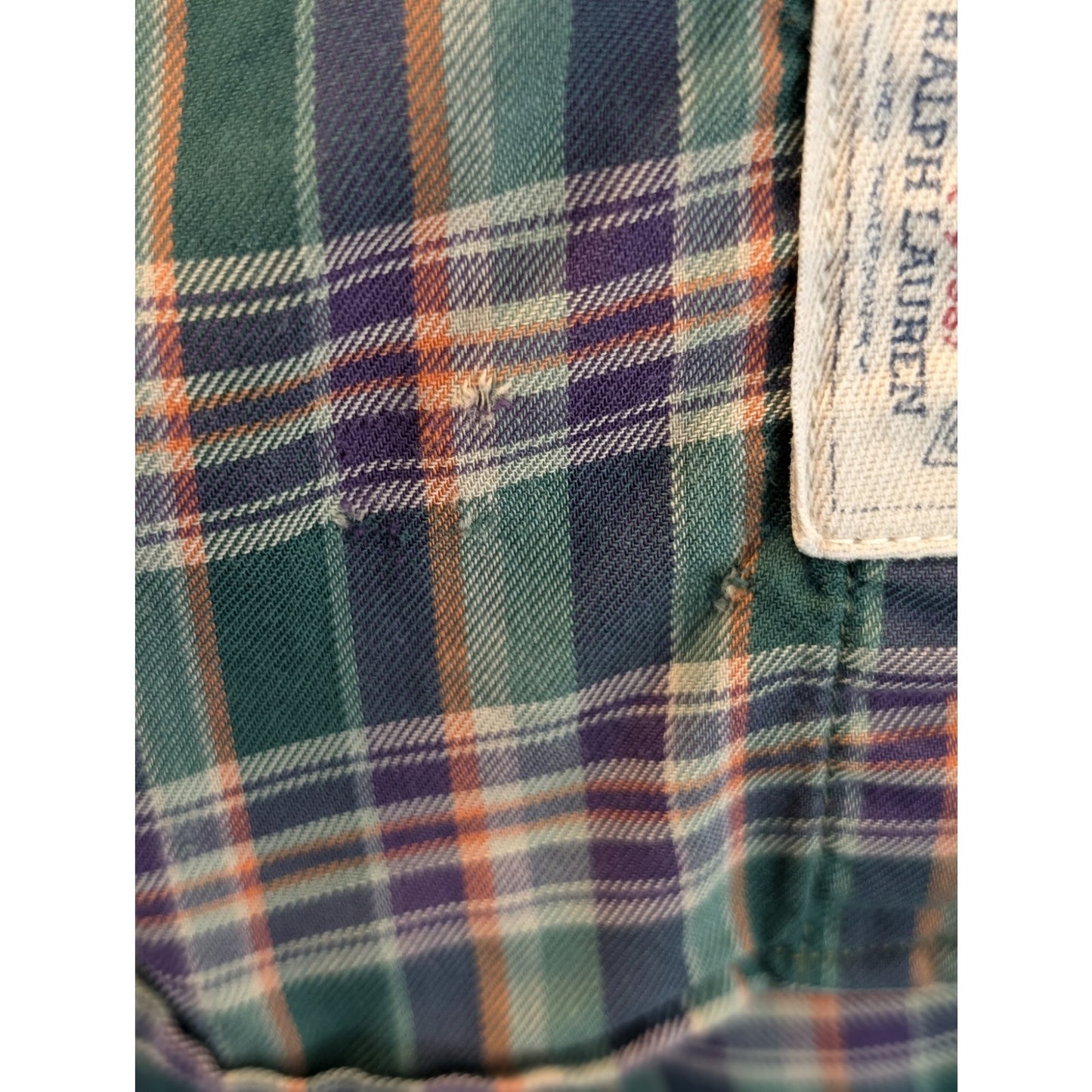VTG Polo by Ralph Lauren Oversized Green Purple Plaid Elbow Patch Button Up Sz M