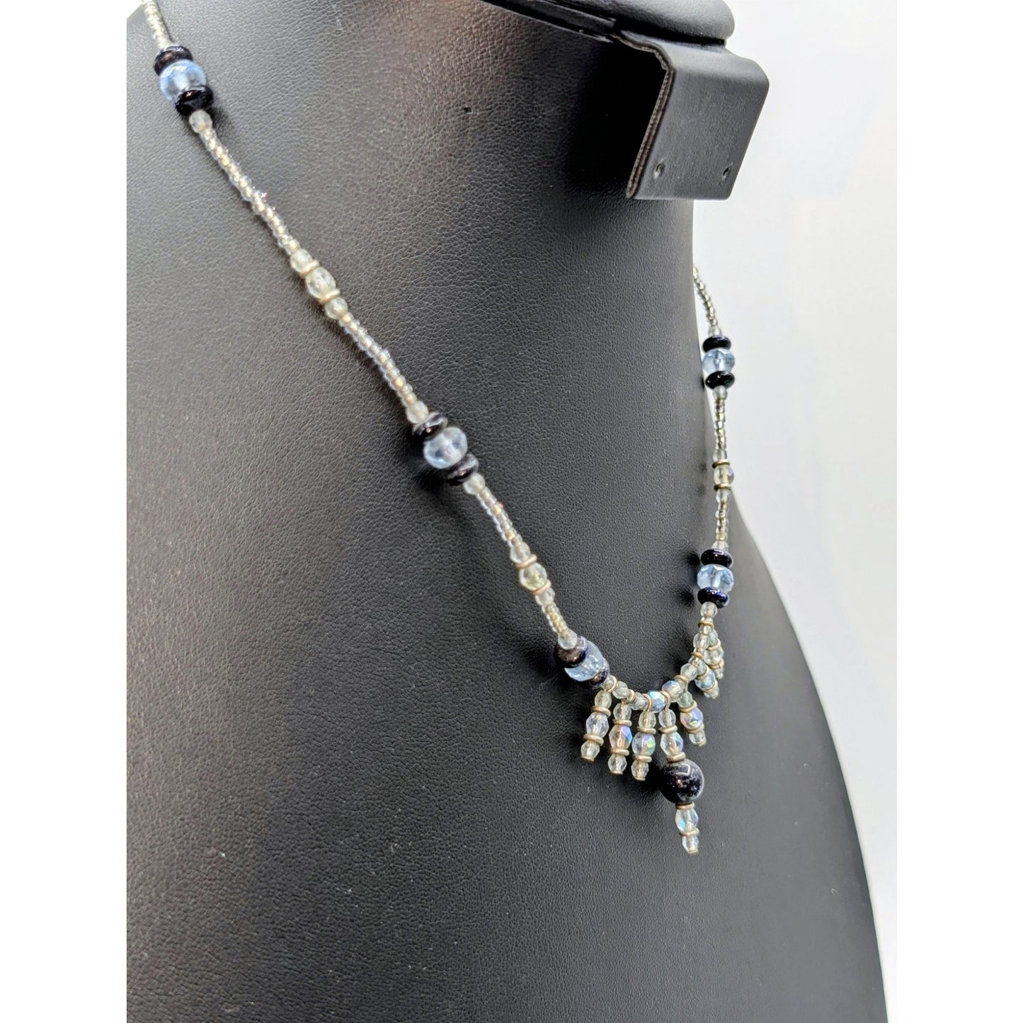 925 Sterling Silver AB Crystal Blue Goldstone Beaded 18" Necklace