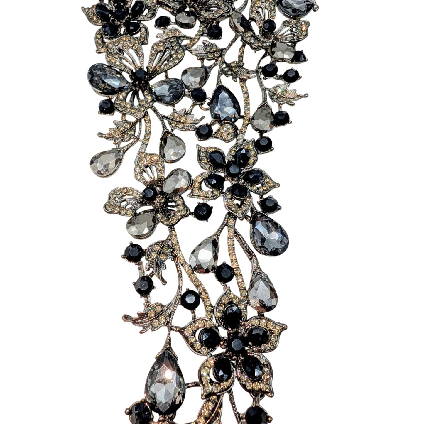 Natasha Flower Power Black Gray Metallic Stone Gun Metal Cascade Necklace