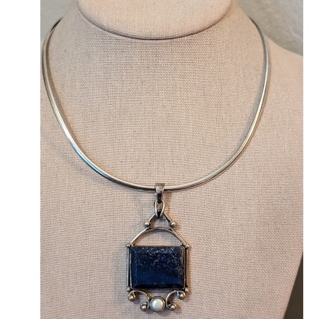 Chunky Lapis Lazuli Pearl Pendant on Mexican Sterling Silver Hook Clasp Collar