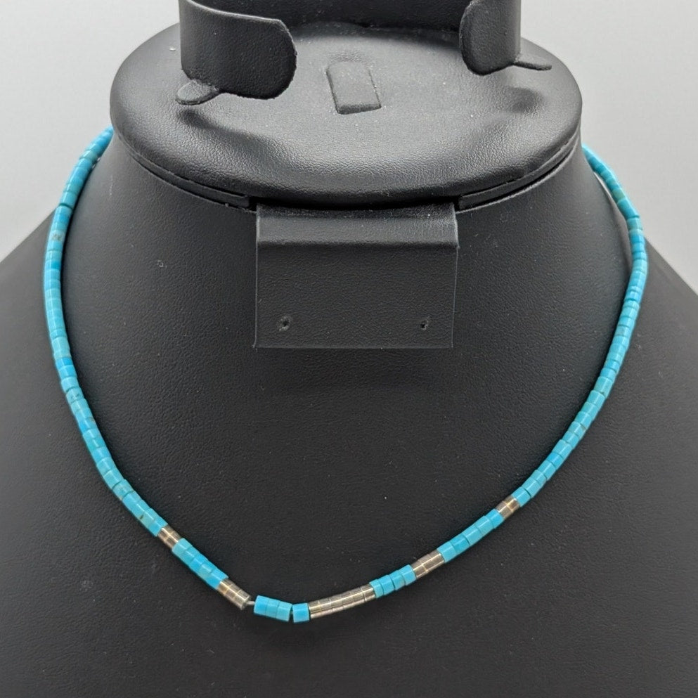Vintage Unmarked Turquoise Heishi Bead 15" Choker Hook Clasp Necklace