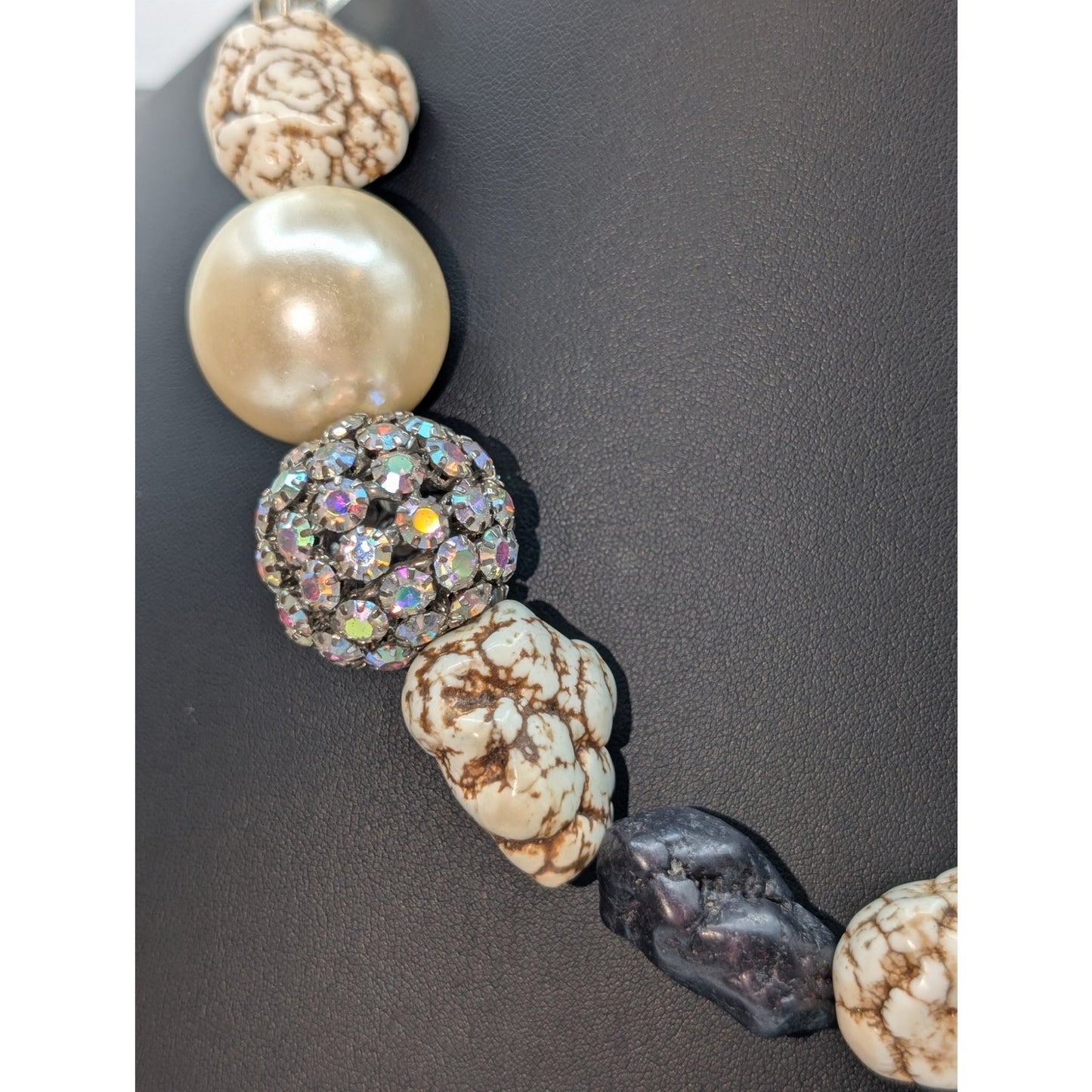 Extra Large Chunky Heavy Stone Glass Faux Pearl Rhinestone Ball 21.25" Necklace